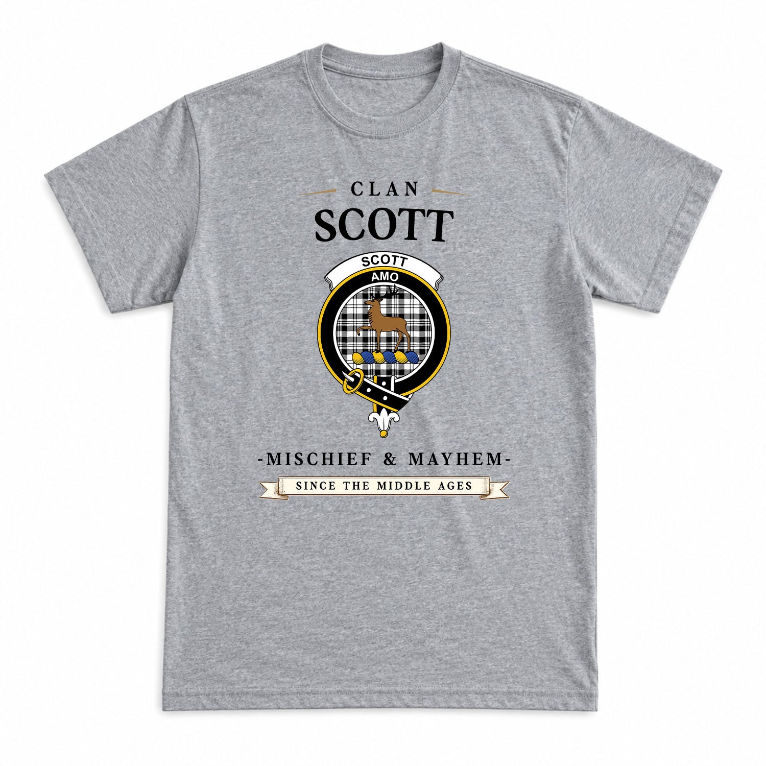 Scott Black & White Modern Tartan Crest Mischief and Mayhem T-shirt
