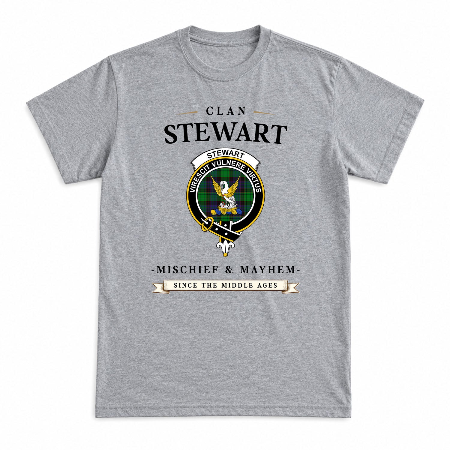 Stewart Old Modern Tartan Crest Mischief and Mayhem T-shirt