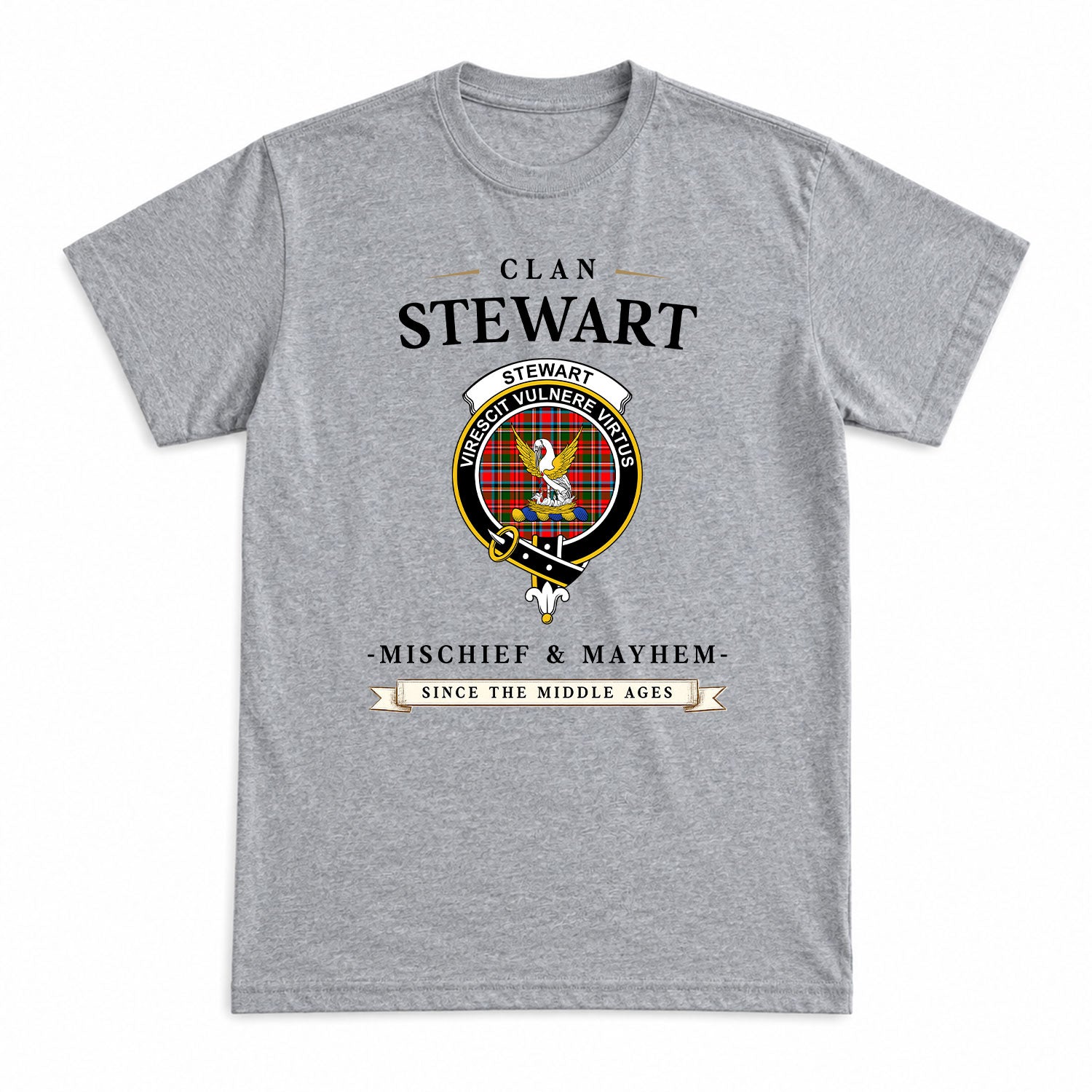 Stewart Royal Tartan Crest Mischief and Mayhem T-shirt