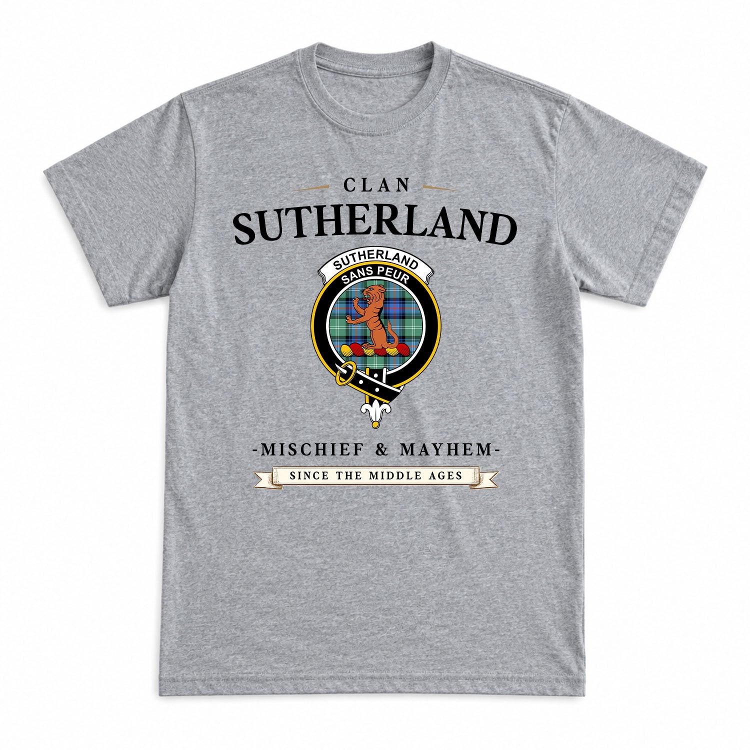 Sutherland Old Ancient Tartan Crest Mischief and Mayhem T-shirt