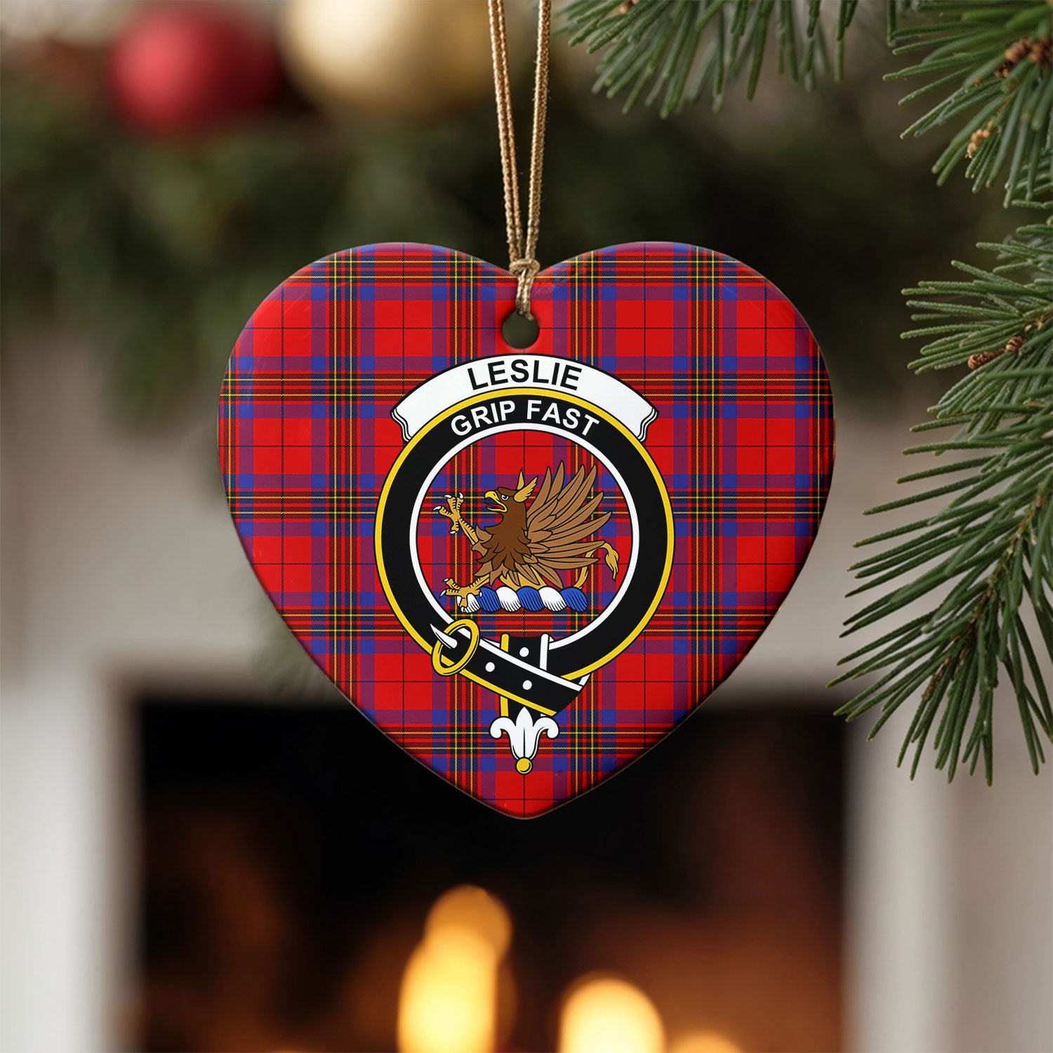 Leslie Modern Tartan Crest Christmas Ceramic Ornament
