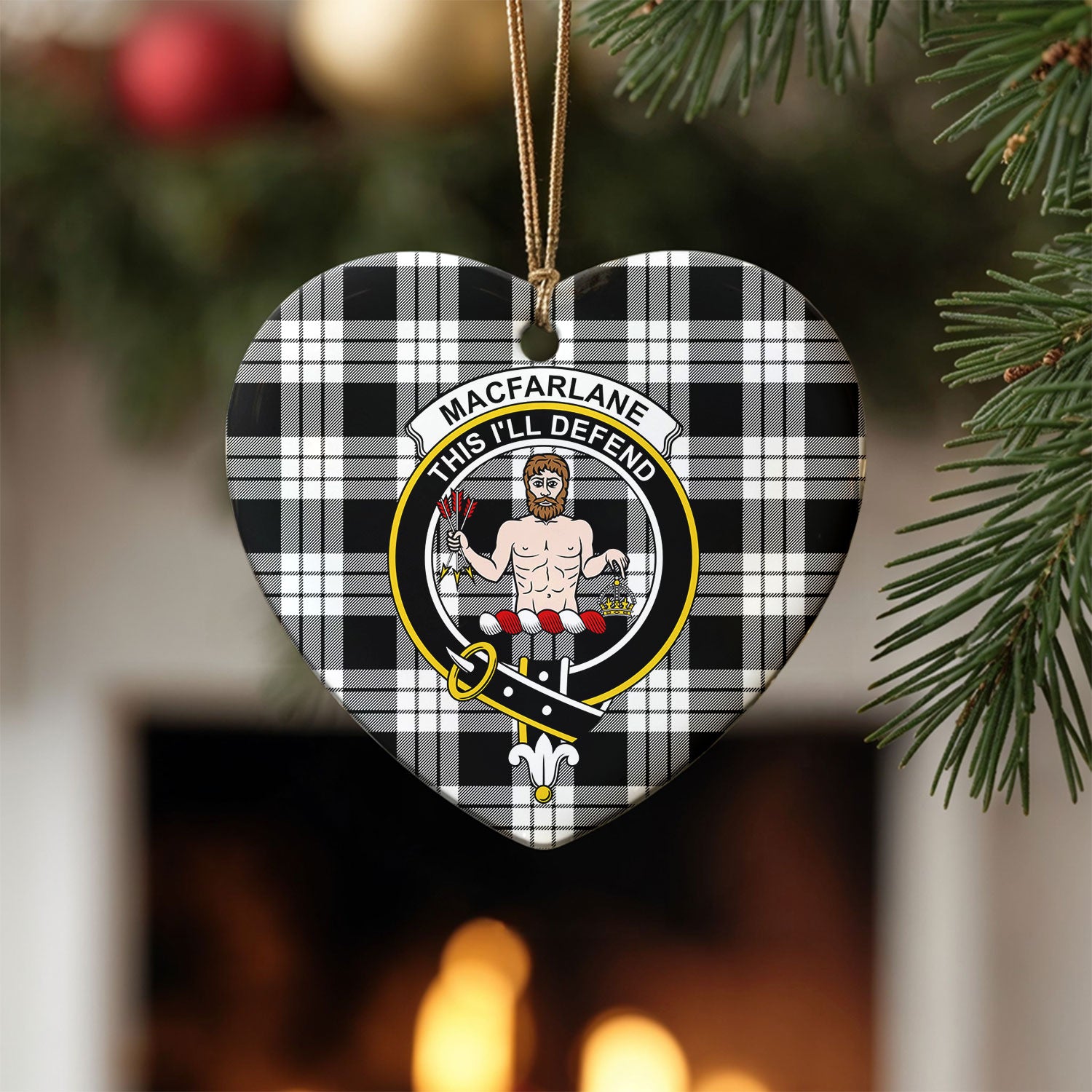 MacFarlane Black - White Tartan Crest Christmas Ceramic Ornament