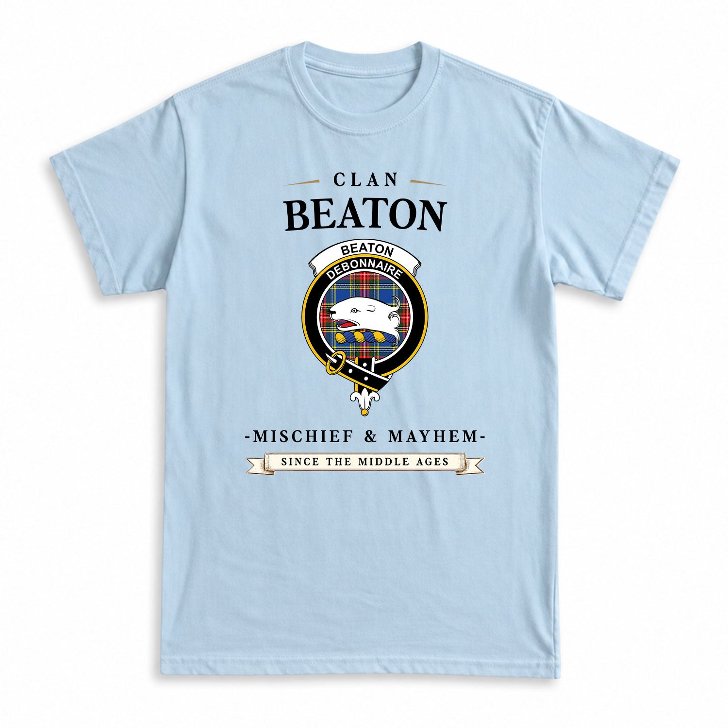 Beaton Modern Tartan Crest Mischief and Mayhem T-shirt
