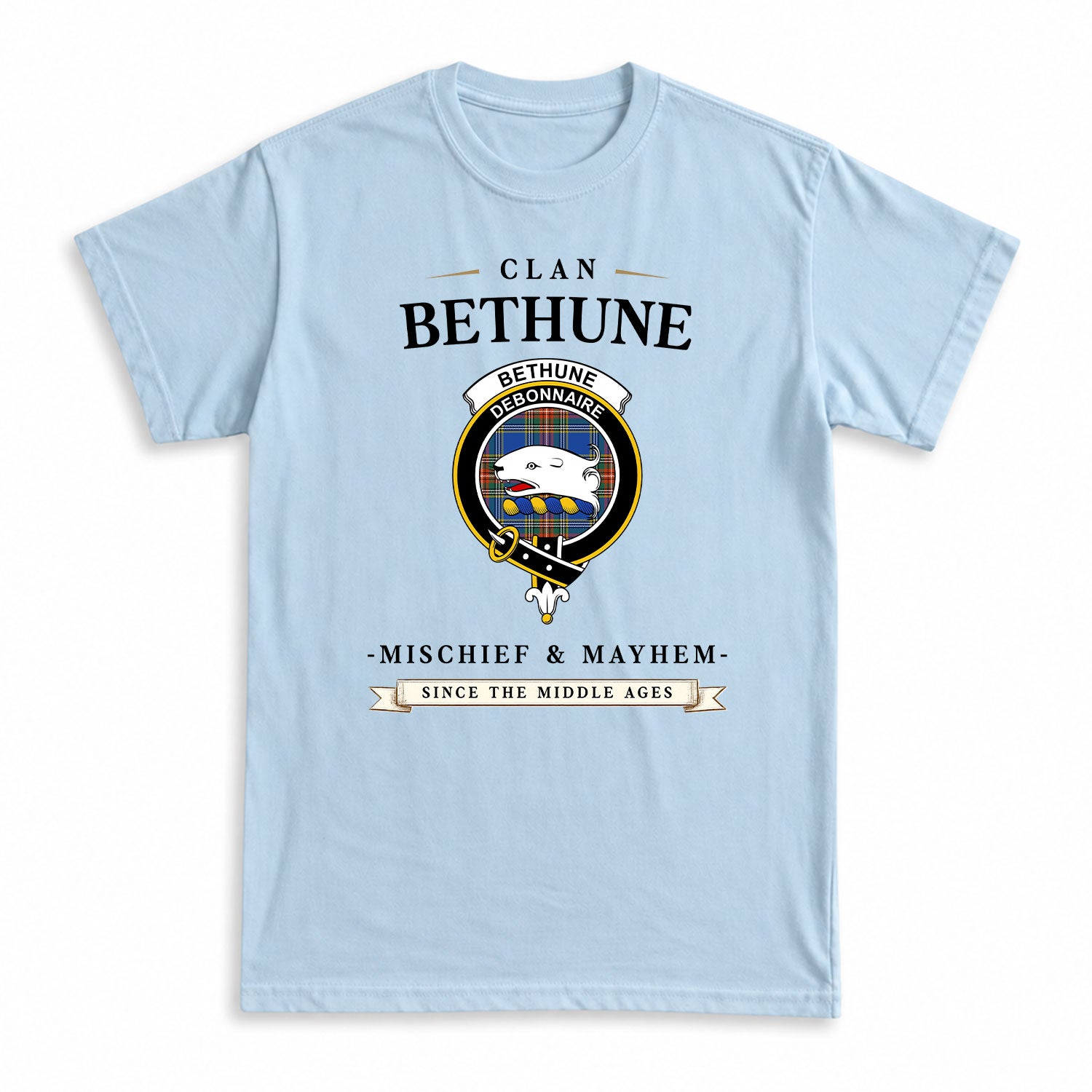 Bethune Ancient Tartan Crest Mischief and Mayhem T-shirt