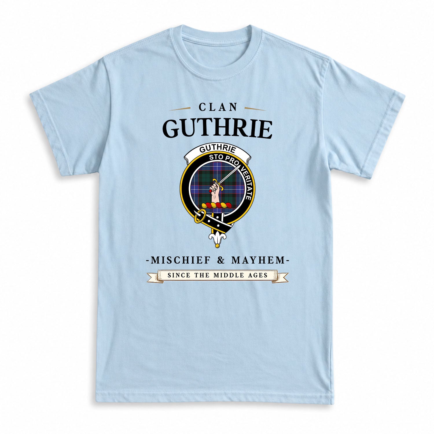 Guthrie Modern Tartan Crest Mischief and Mayhem T-shirt