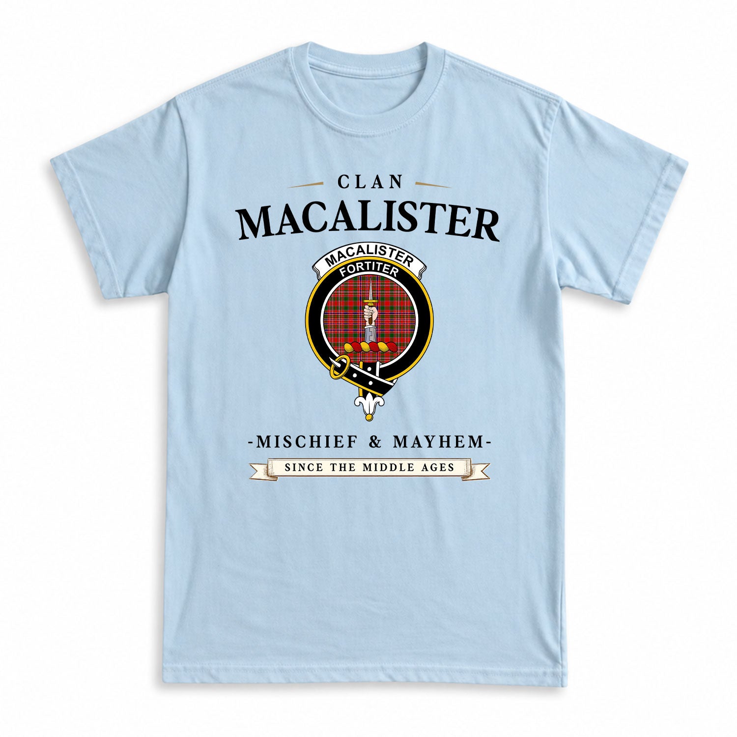 MacAlister Modern Tartan Crest Mischief and Mayhem T-shirt