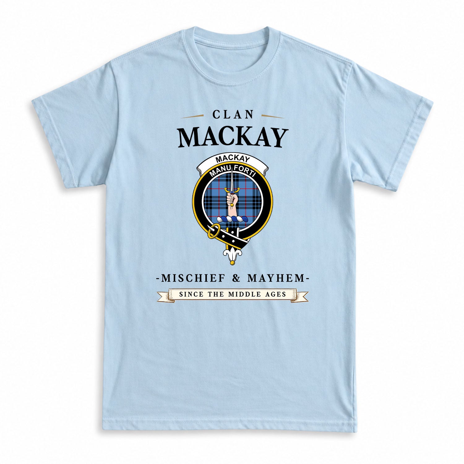 MacKay Blue Tartan Crest Mischief and Mayhem T-shirt