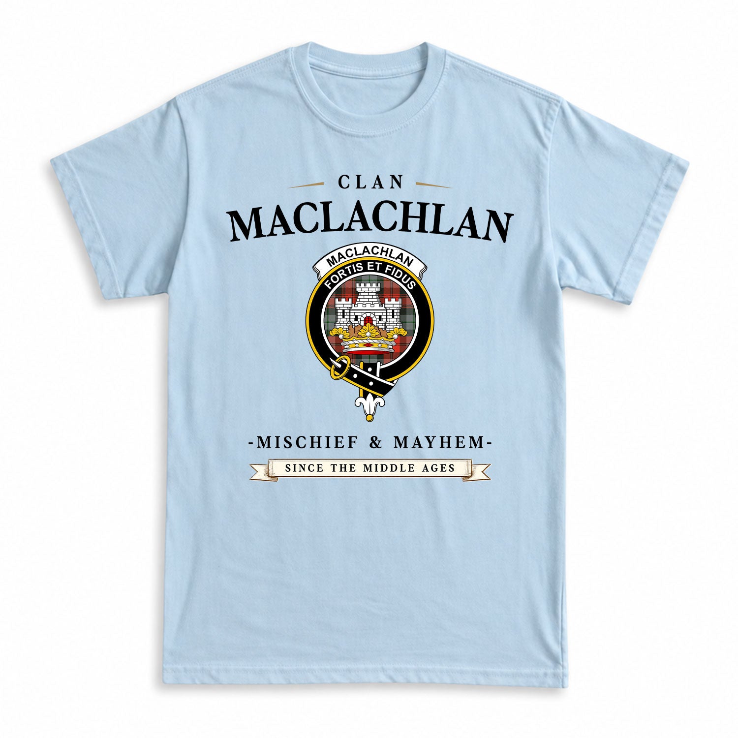 MacLachlan Weathered Tartan Crest Mischief and Mayhem T-shirt