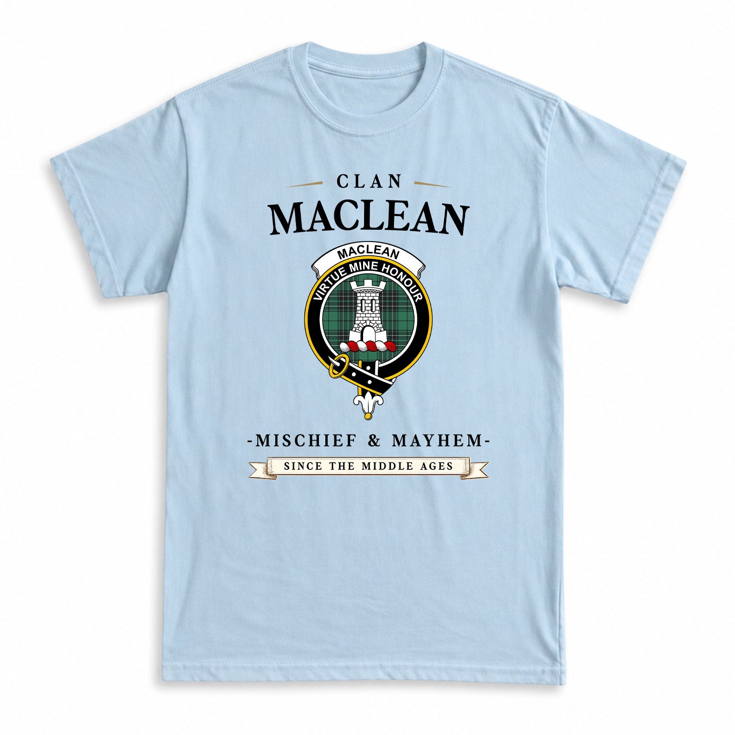 MacLean Hunting Ancient Tartan Crest Mischief and Mayhem T-shirt