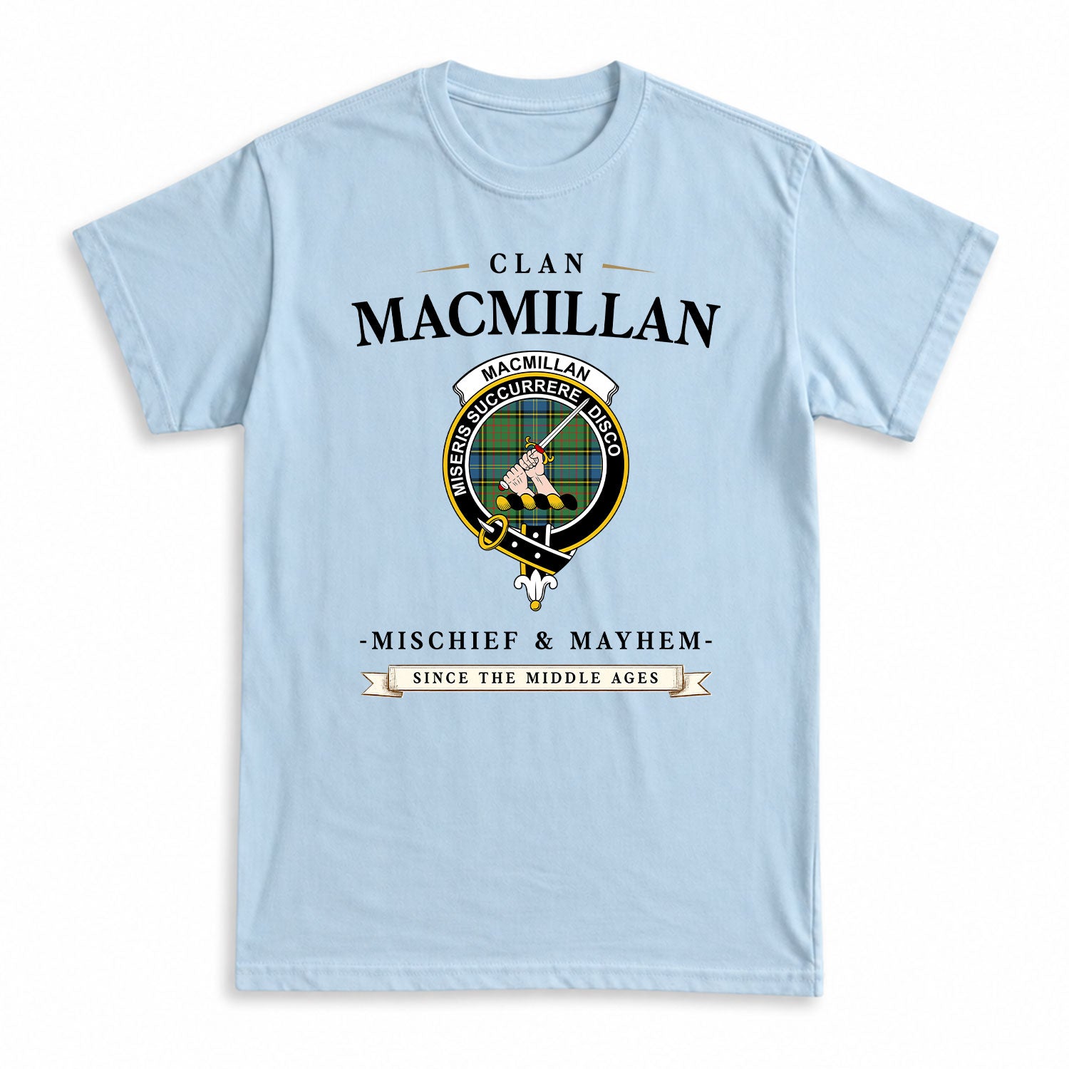 MacMillan Hunting Ancient Tartan Crest Mischief and Mayhem T-shirt