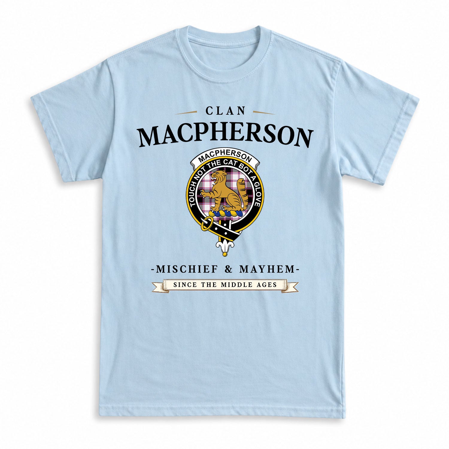 MacPherson Hunting Modern Tartan Crest Mischief and Mayhem T-shirt