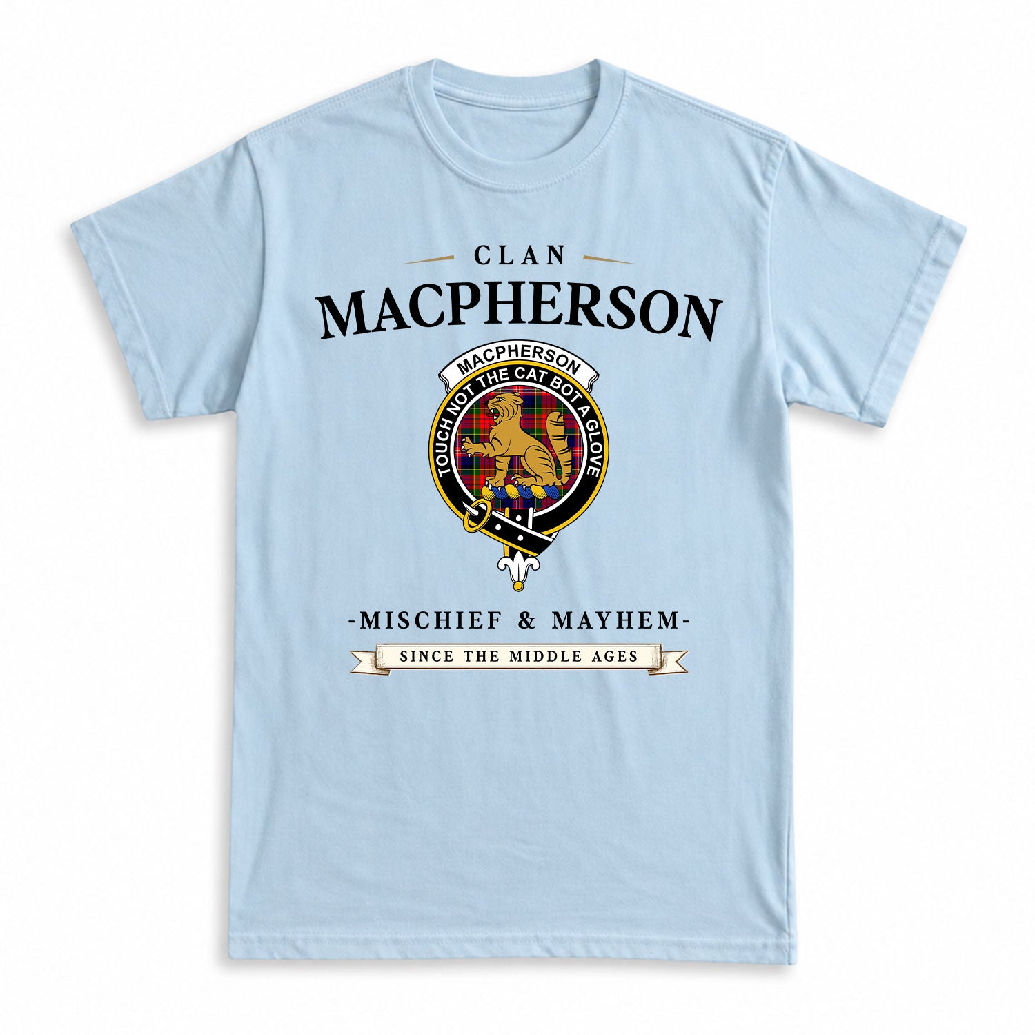 MacPherson Modern Tartan Crest Mischief and Mayhem T-shirt