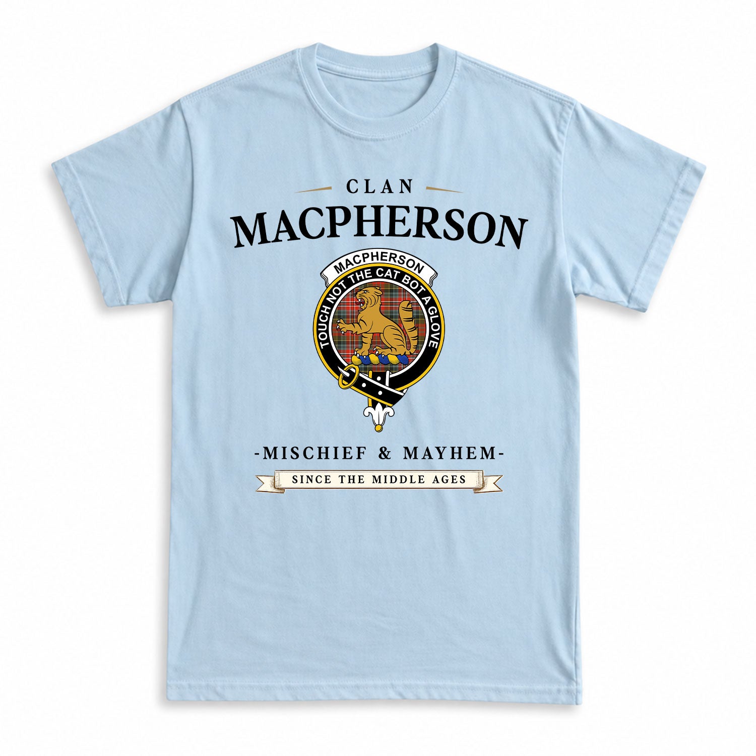 MacPherson Weathered Tartan Crest Mischief and Mayhem T-shirt