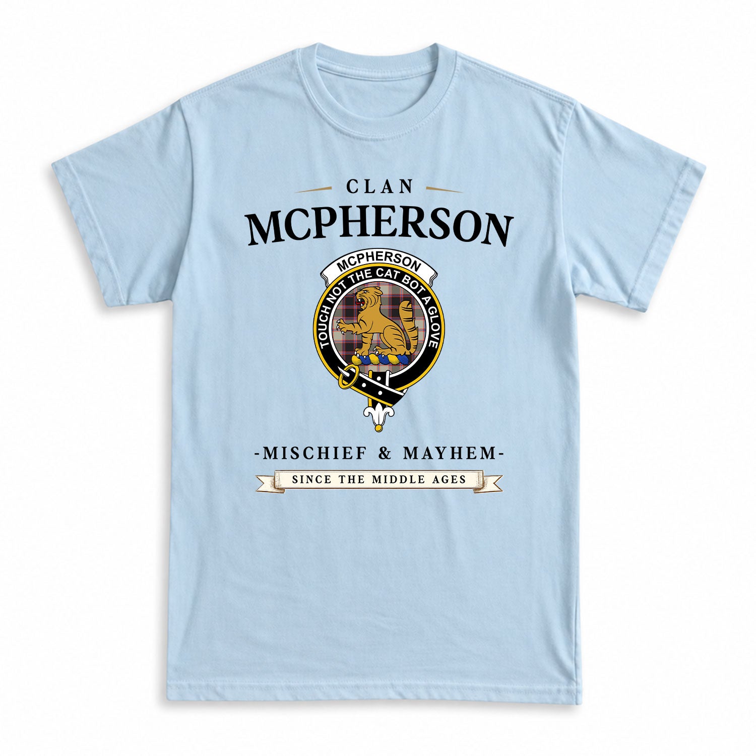 McPherson Hunting Ancient Tartan Crest Mischief and Mayhem T-shirt