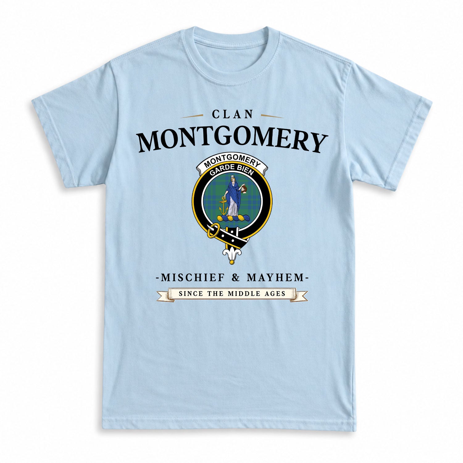 Montgomery Ancient Tartan Crest Mischief and Mayhem T-shirt