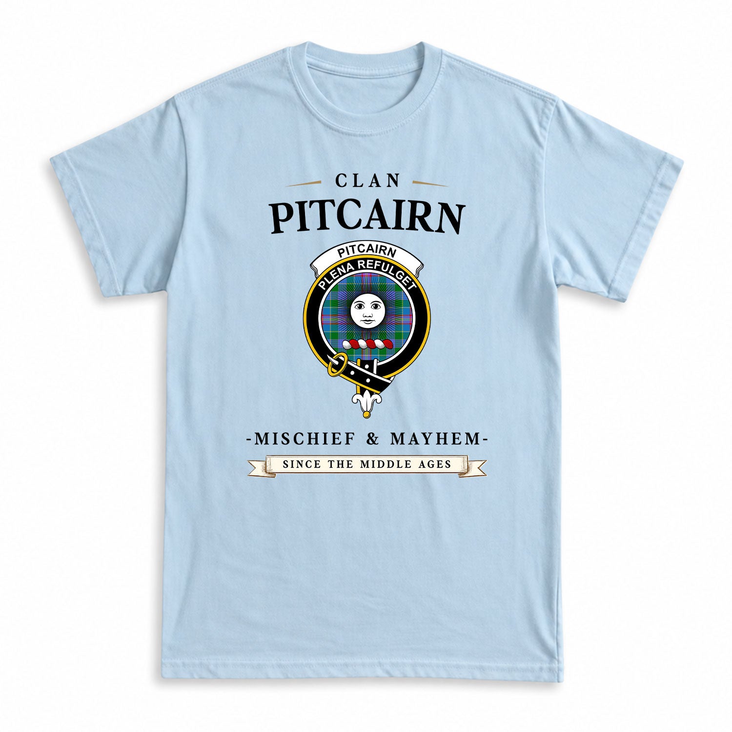 Pitcairn Hunting Tartan Crest Mischief and Mayhem T-shirt