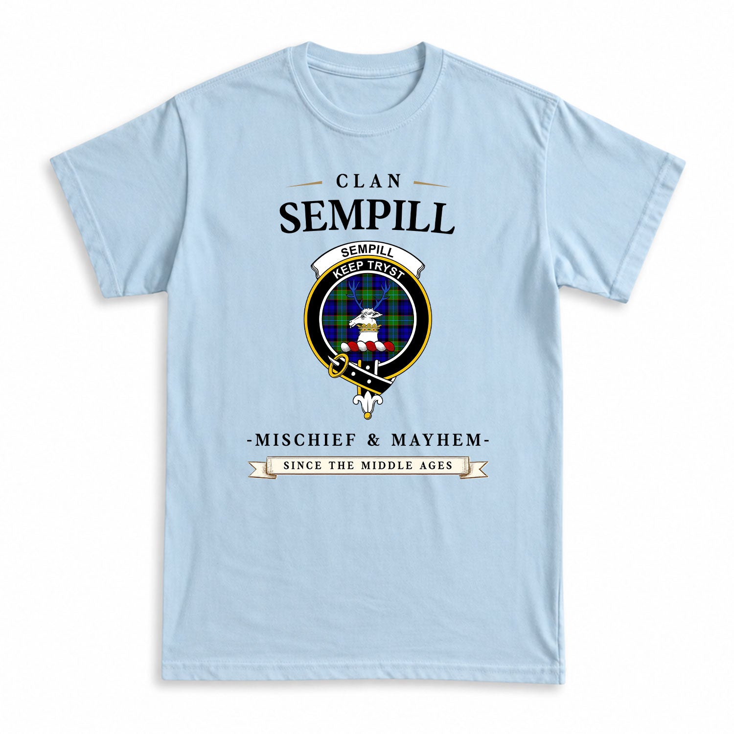 Sempill Modern Tartan Crest Mischief and Mayhem T-shirt