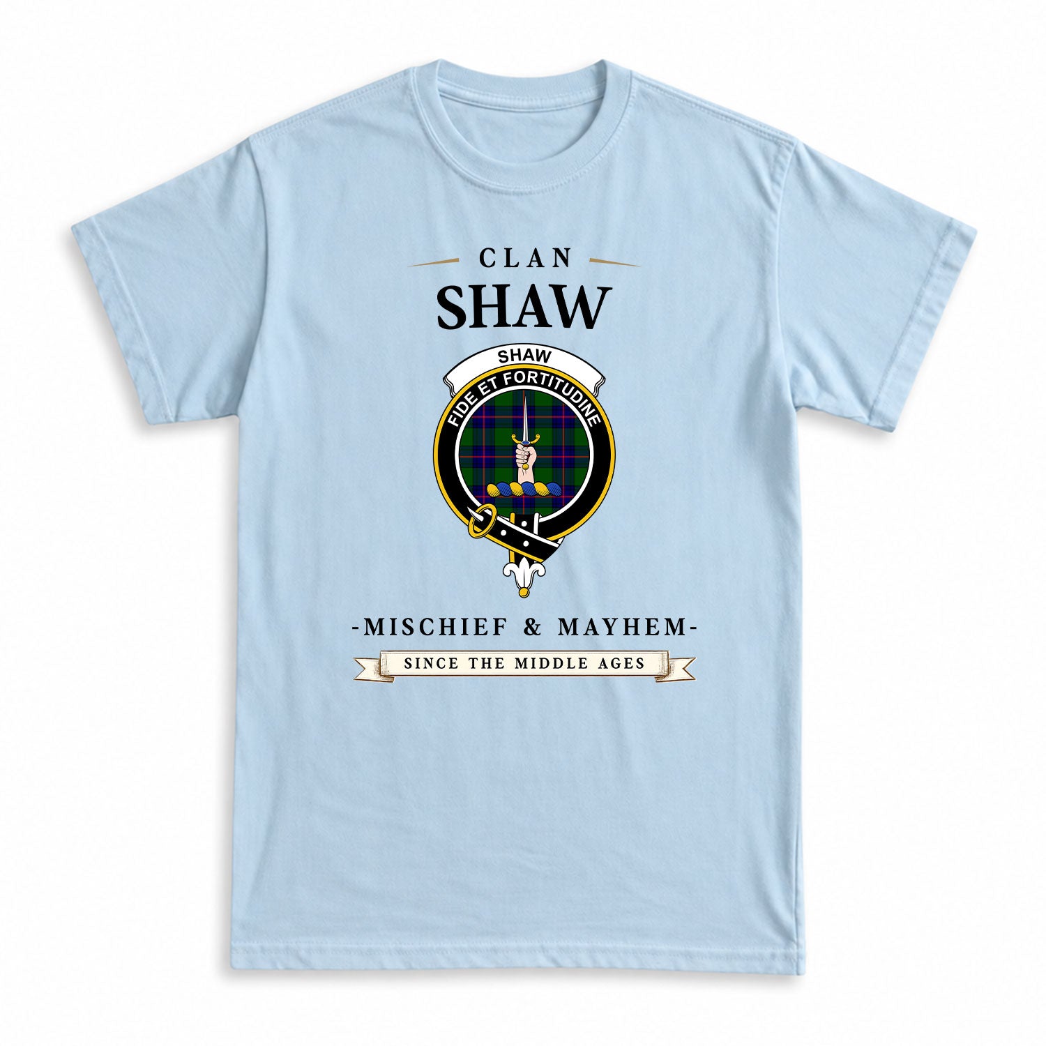 Shaw Modern Tartan Crest Mischief and Mayhem T-shirt