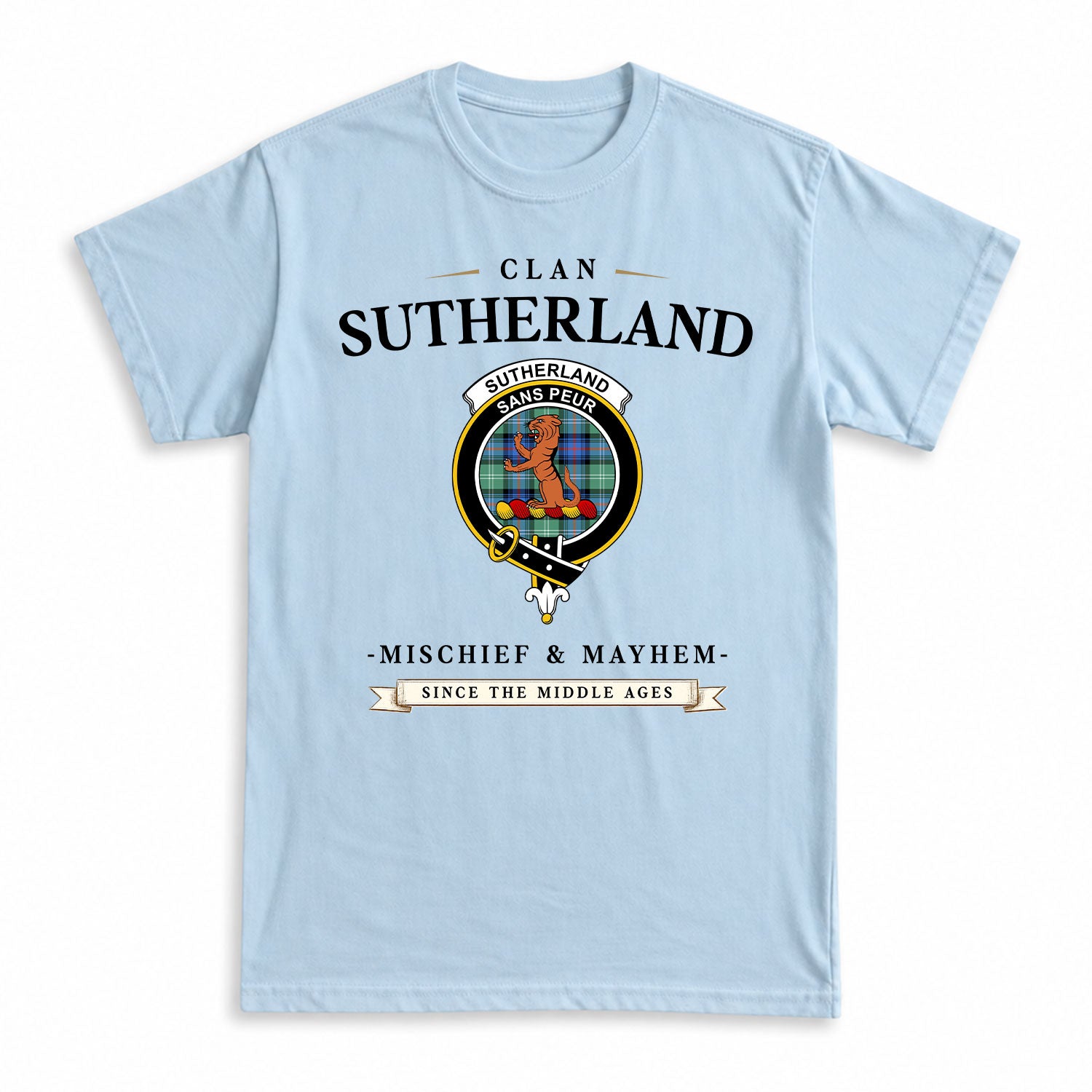 Sutherland Old Ancient Tartan Crest Mischief and Mayhem T-shirt