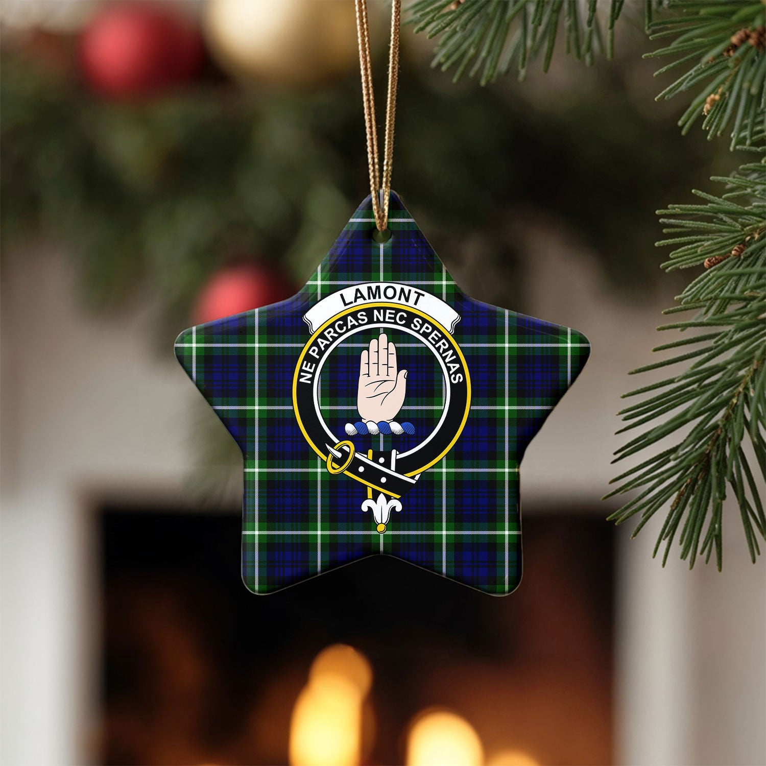 Lamont Modern Tartan Crest Christmas Ceramic Ornament