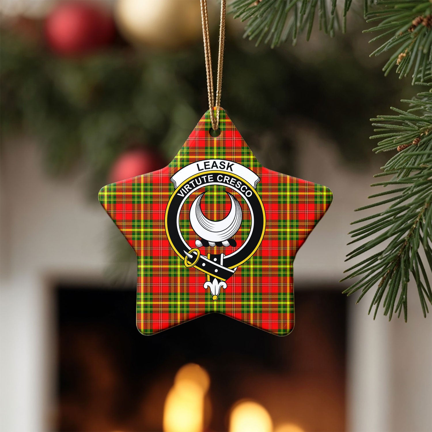 Leask Tartan Crest Christmas Ceramic Ornament