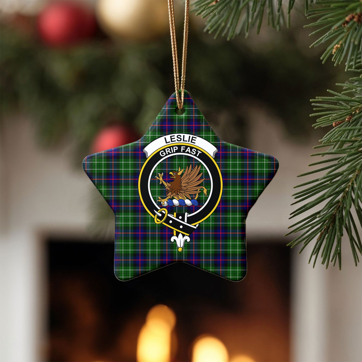 Leslie Hunting Tartan Crest Christmas Ceramic Ornament