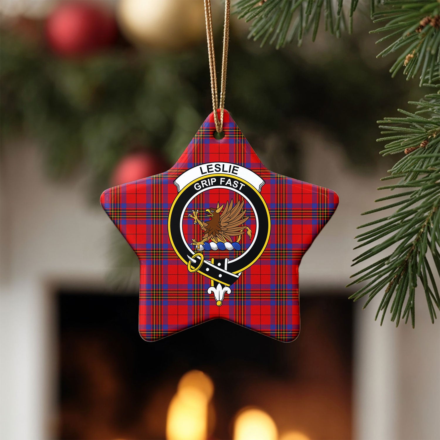 Leslie Modern Tartan Crest Christmas Ceramic Ornament
