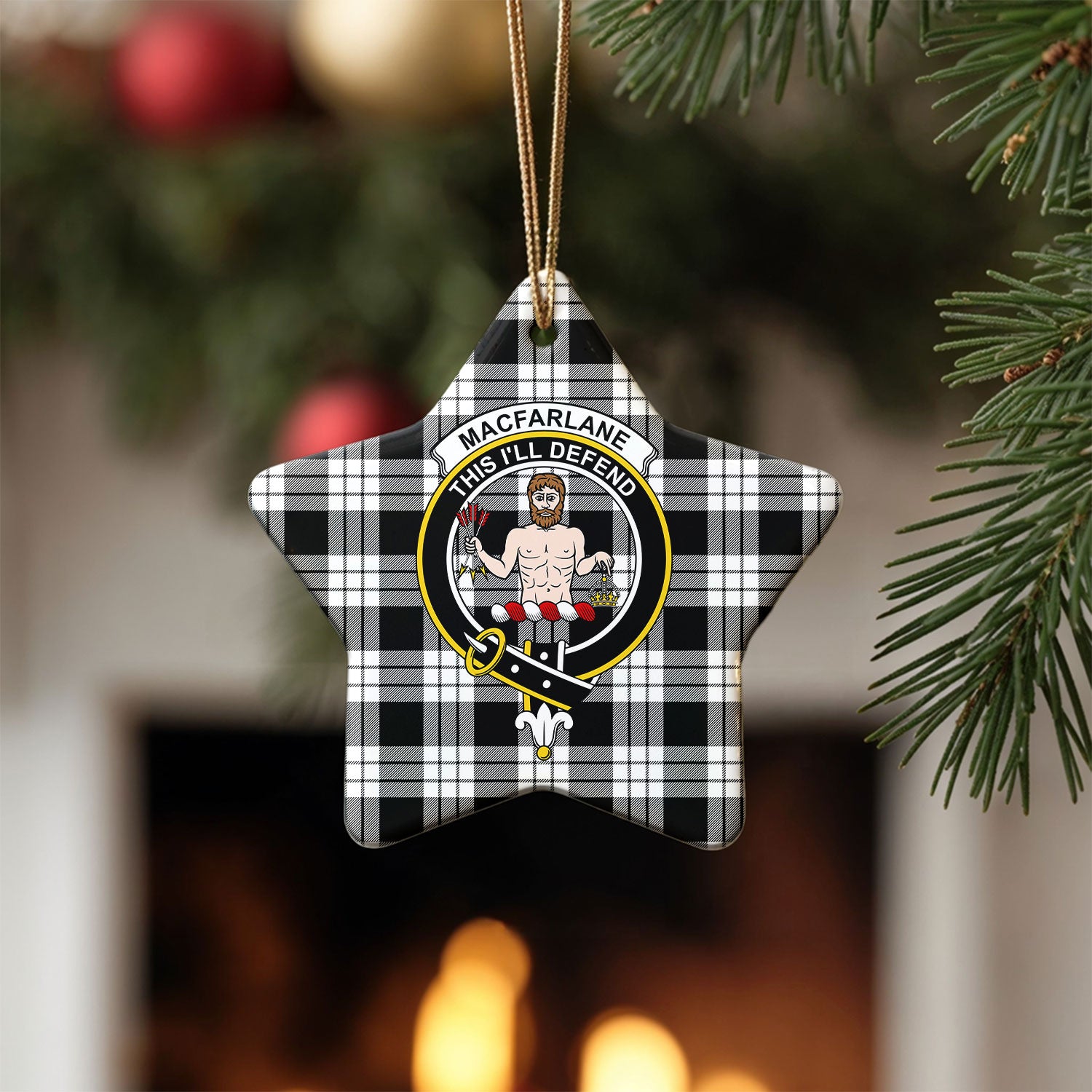 MacFarlane Black - White Tartan Crest Christmas Ceramic Ornament