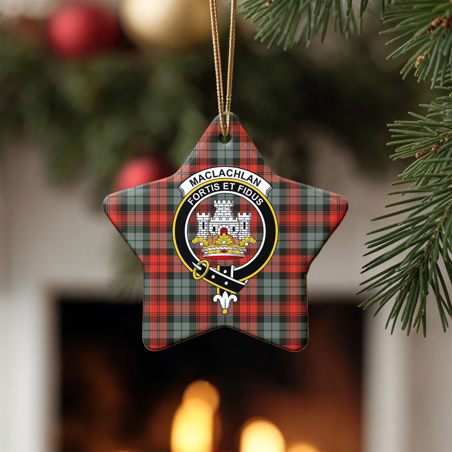 MacLachlan Weathered Tartan Crest Christmas Ceramic Ornament