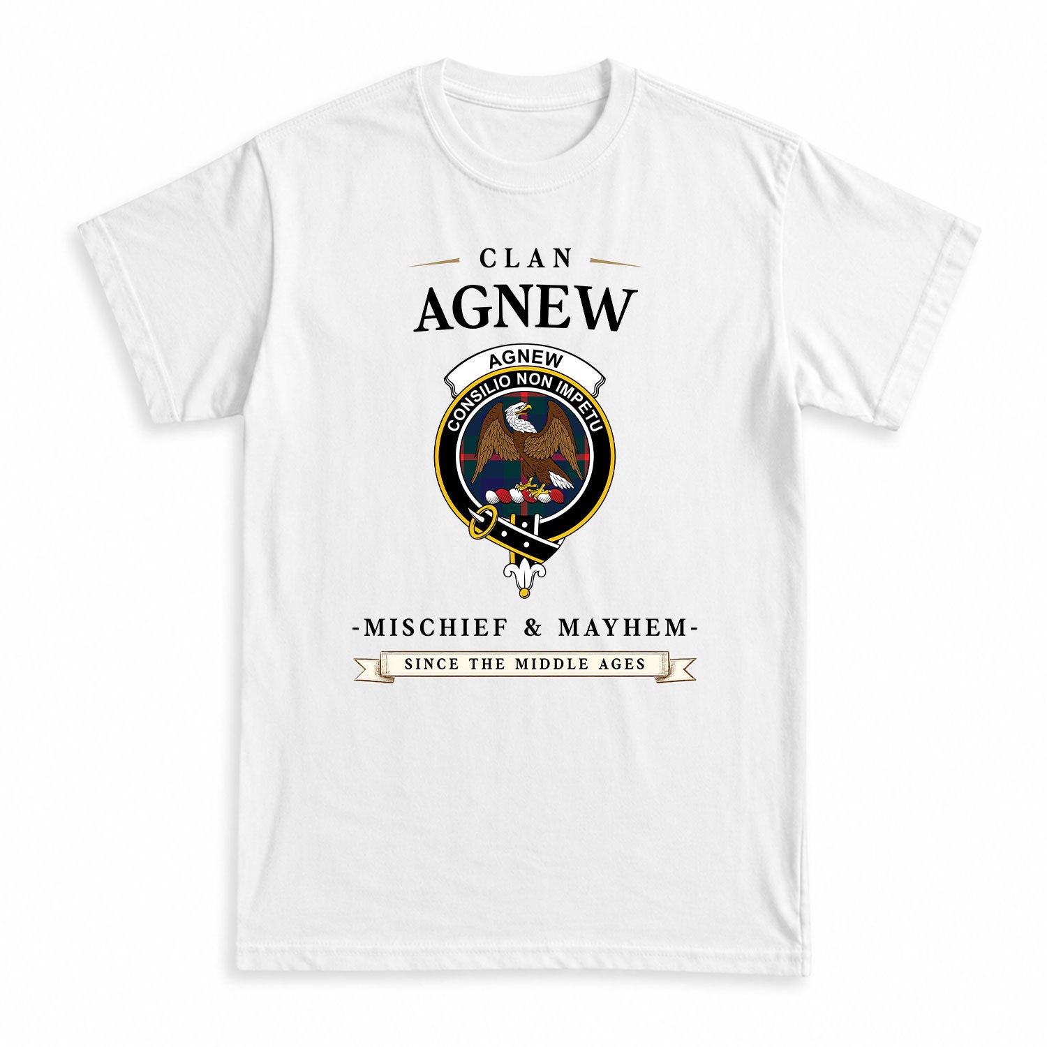 Agnew Modern Tartan Crest Mischief and Mayhem T-shirt