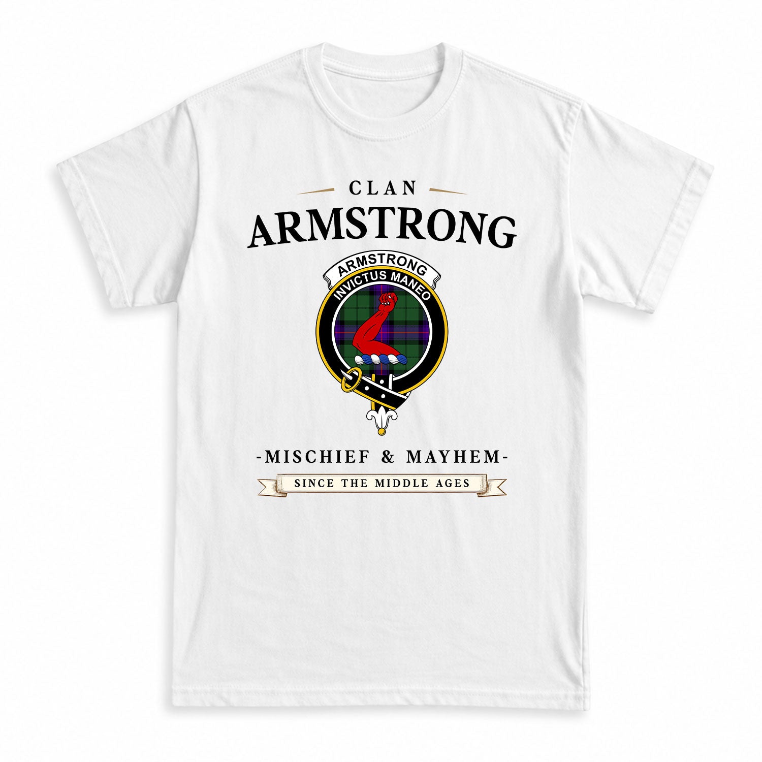 Armstrong Modern Tartan Crest Mischief and Mayhem T-shirt