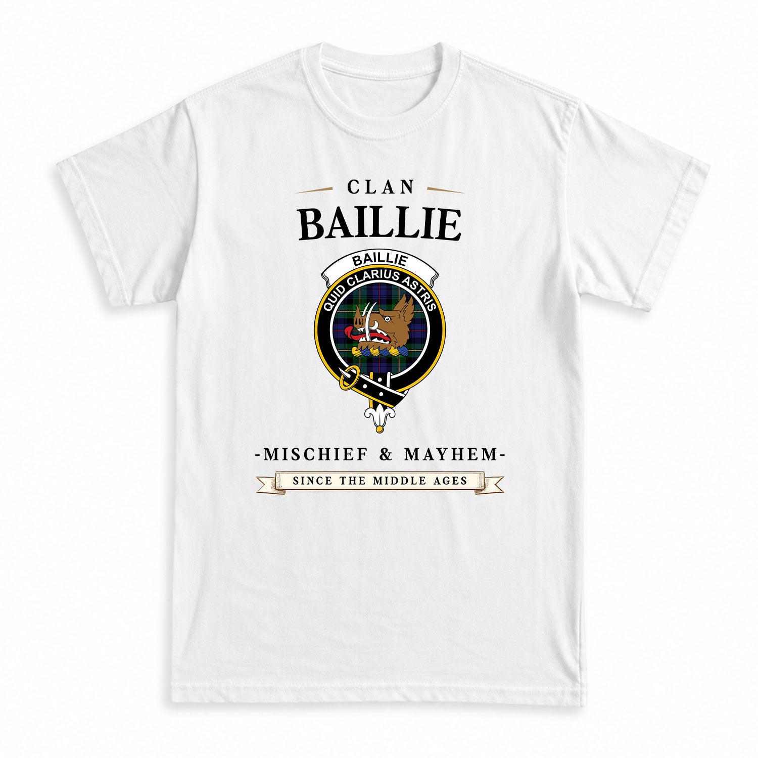 Baillie Tartan Crest Mischief and Mayhem T-shirt
