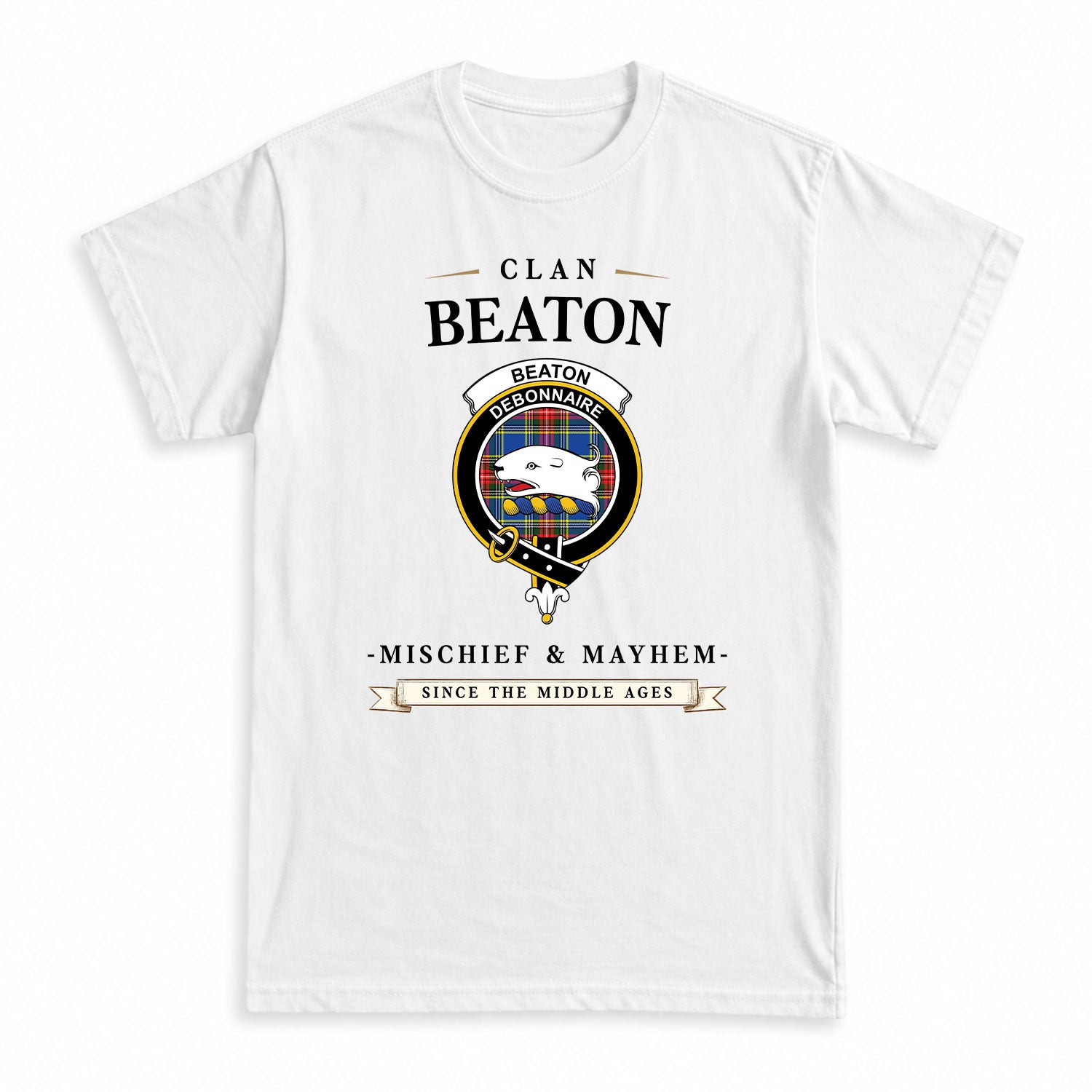 Beaton Modern Tartan Crest Mischief and Mayhem T-shirt