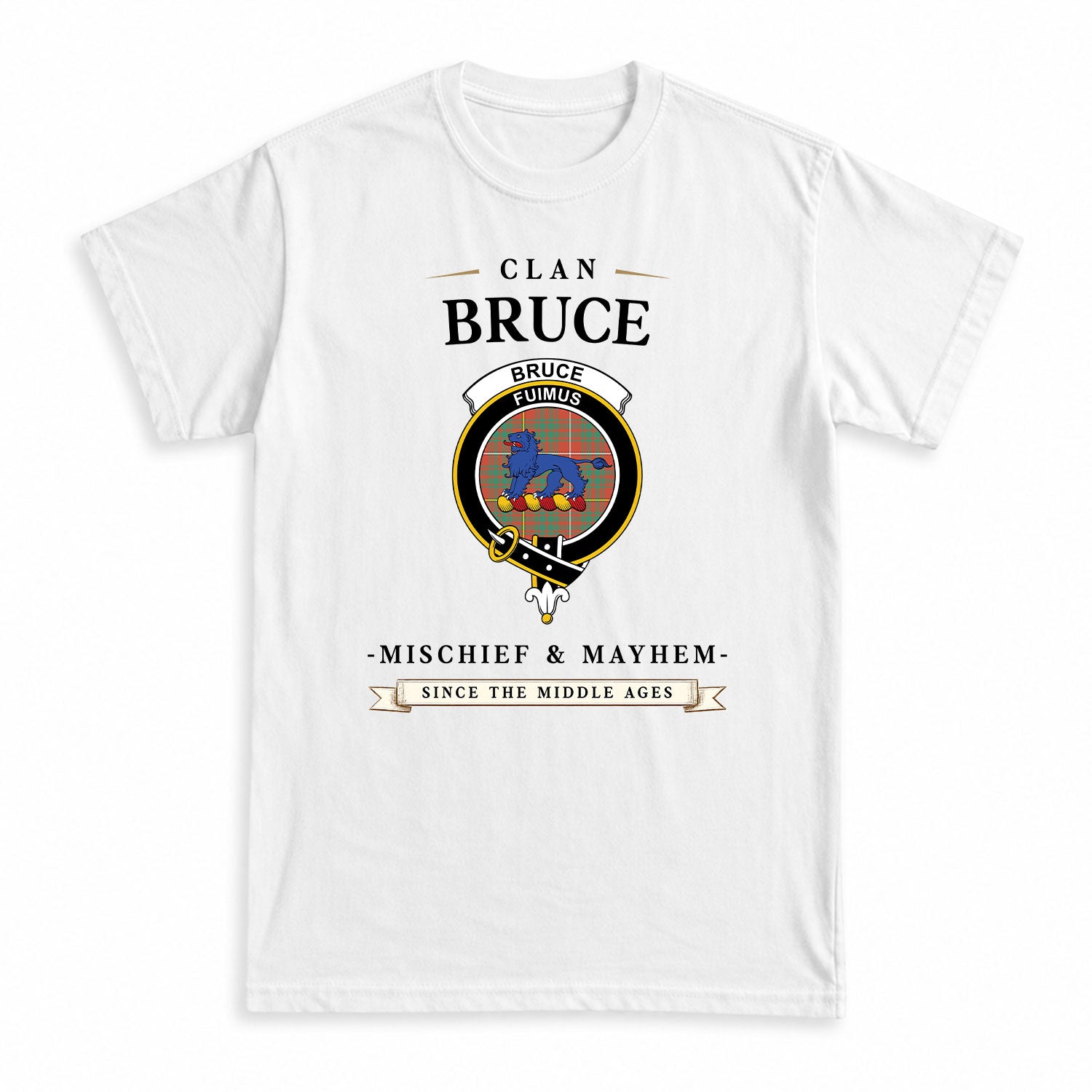 Bruce Ancient Tartan Crest Mischief and Mayhem T-shirt