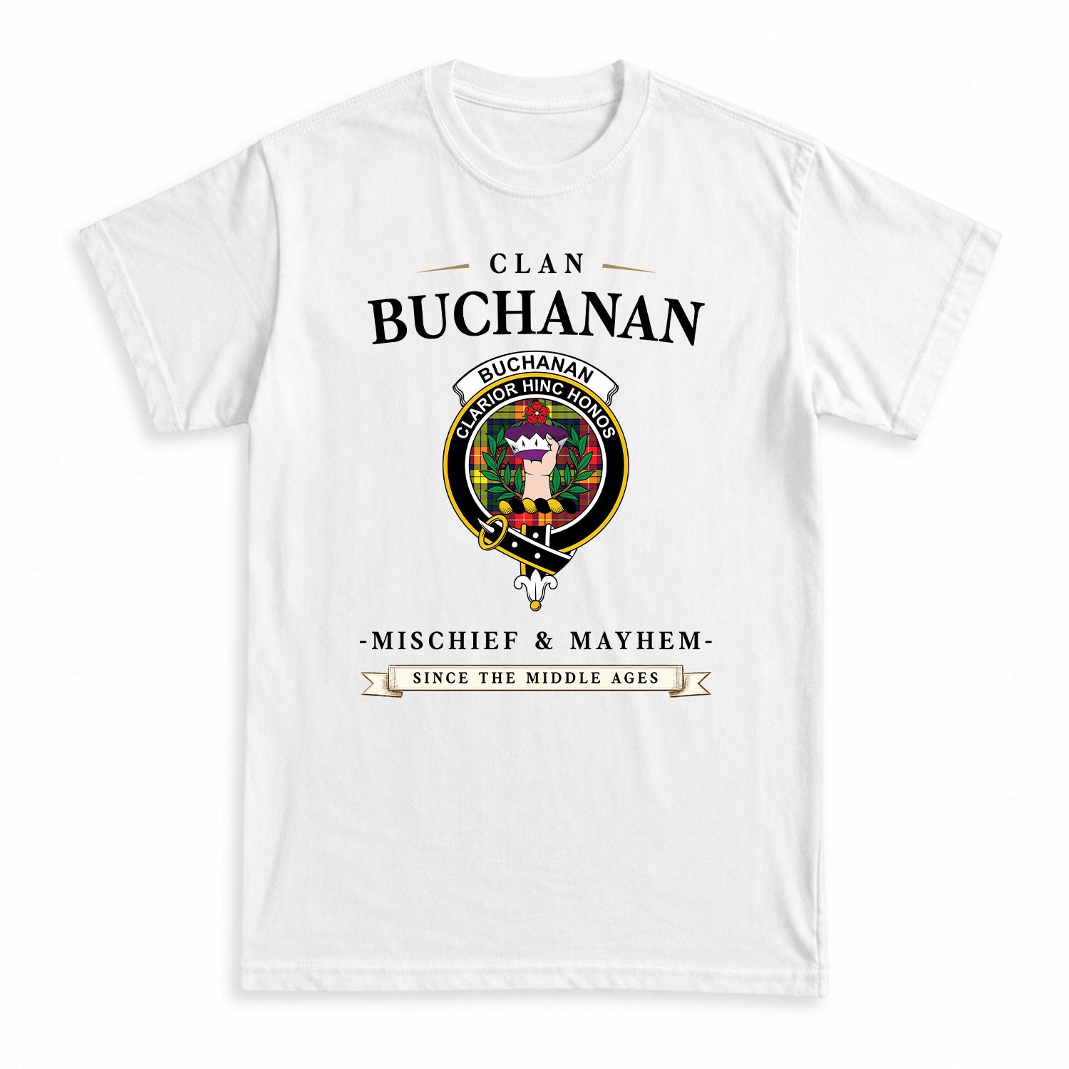 Buchanan Modern Tartan Crest Mischief and Mayhem T-shirt