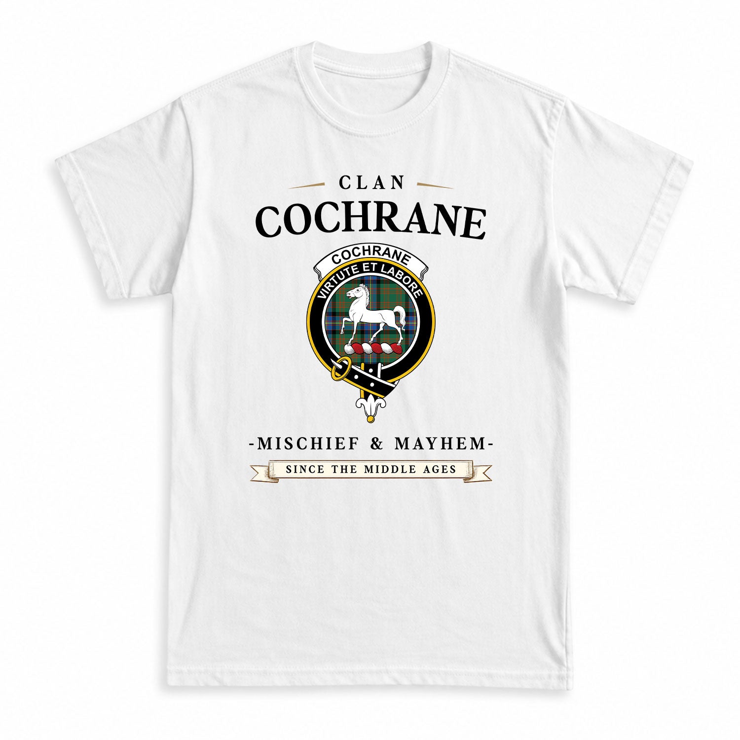 Cochrane Ancient Tartan Crest Mischief and Mayhem T-shirt
