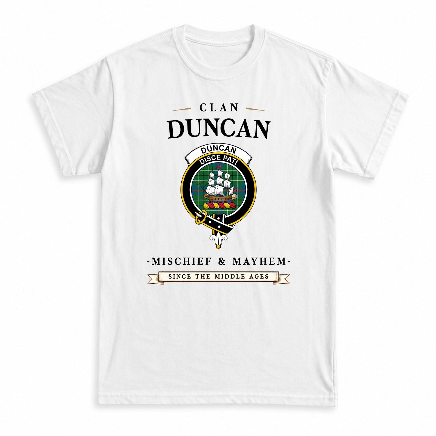 Duncan Ancient Tartan Crest Mischief and Mayhem T-shirt