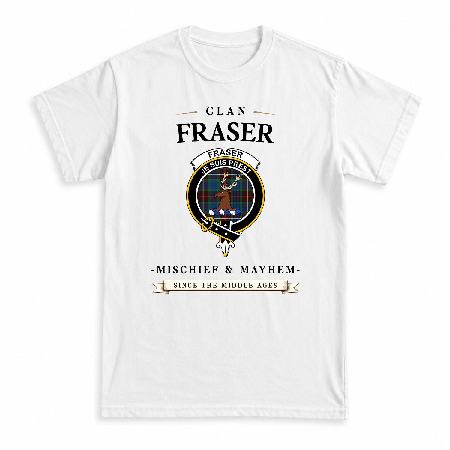 Fraser (of Lovat) Hunting Ancient Tartan Crest Mischief and Mayhem T-shirt