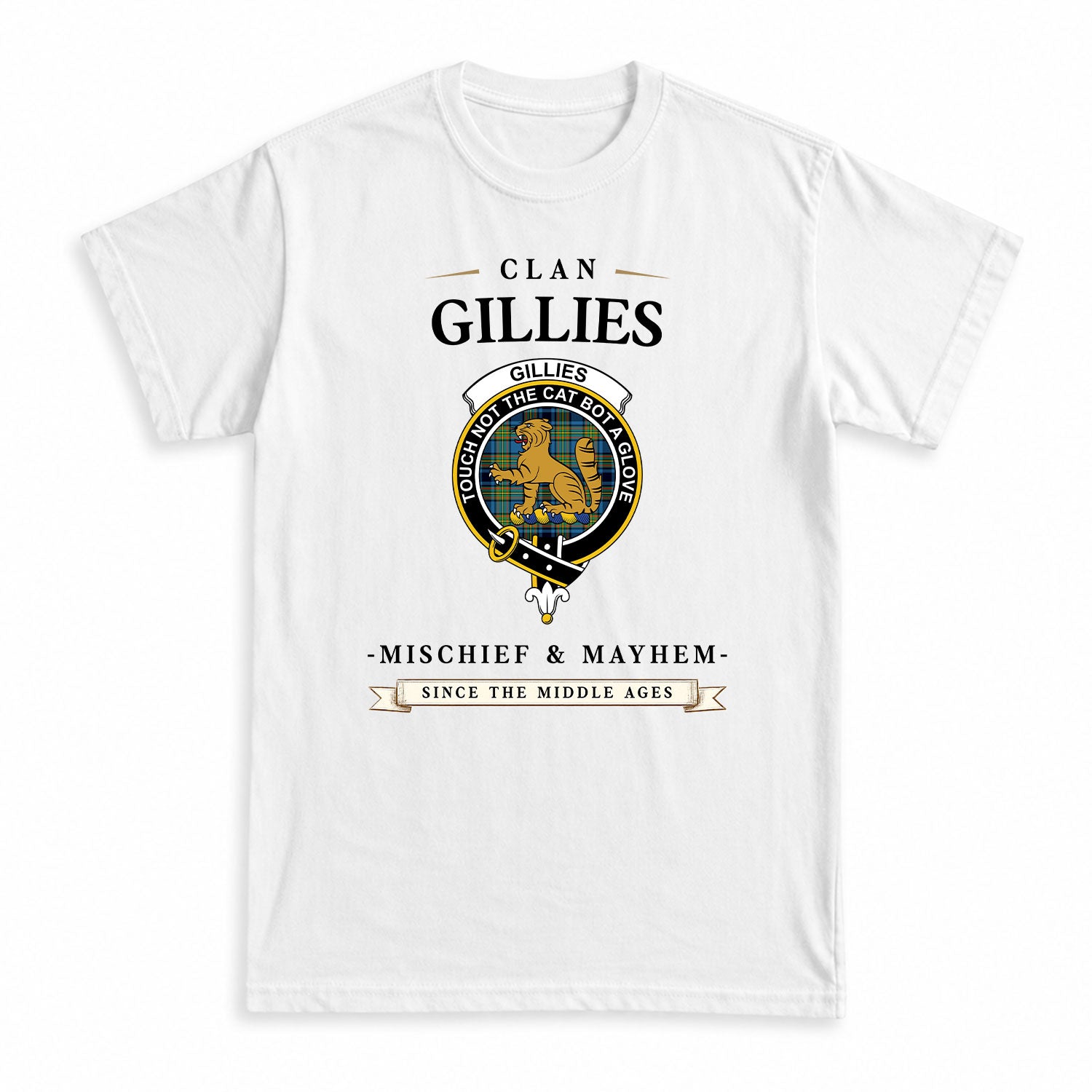 Gillies Ancient Tartan Crest Mischief and Mayhem T-shirt
