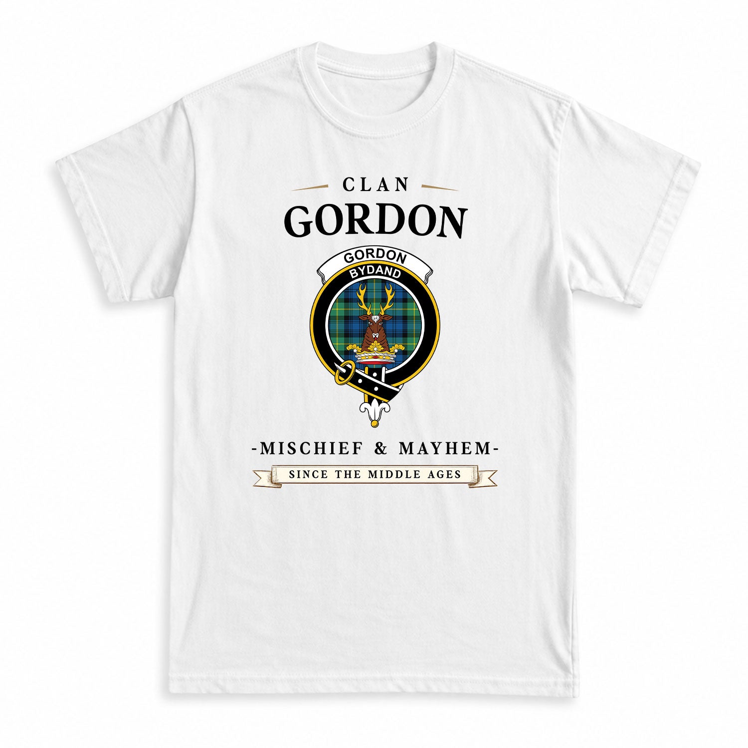 Gordon Ancient Tartan Crest Mischief and Mayhem T-shirt