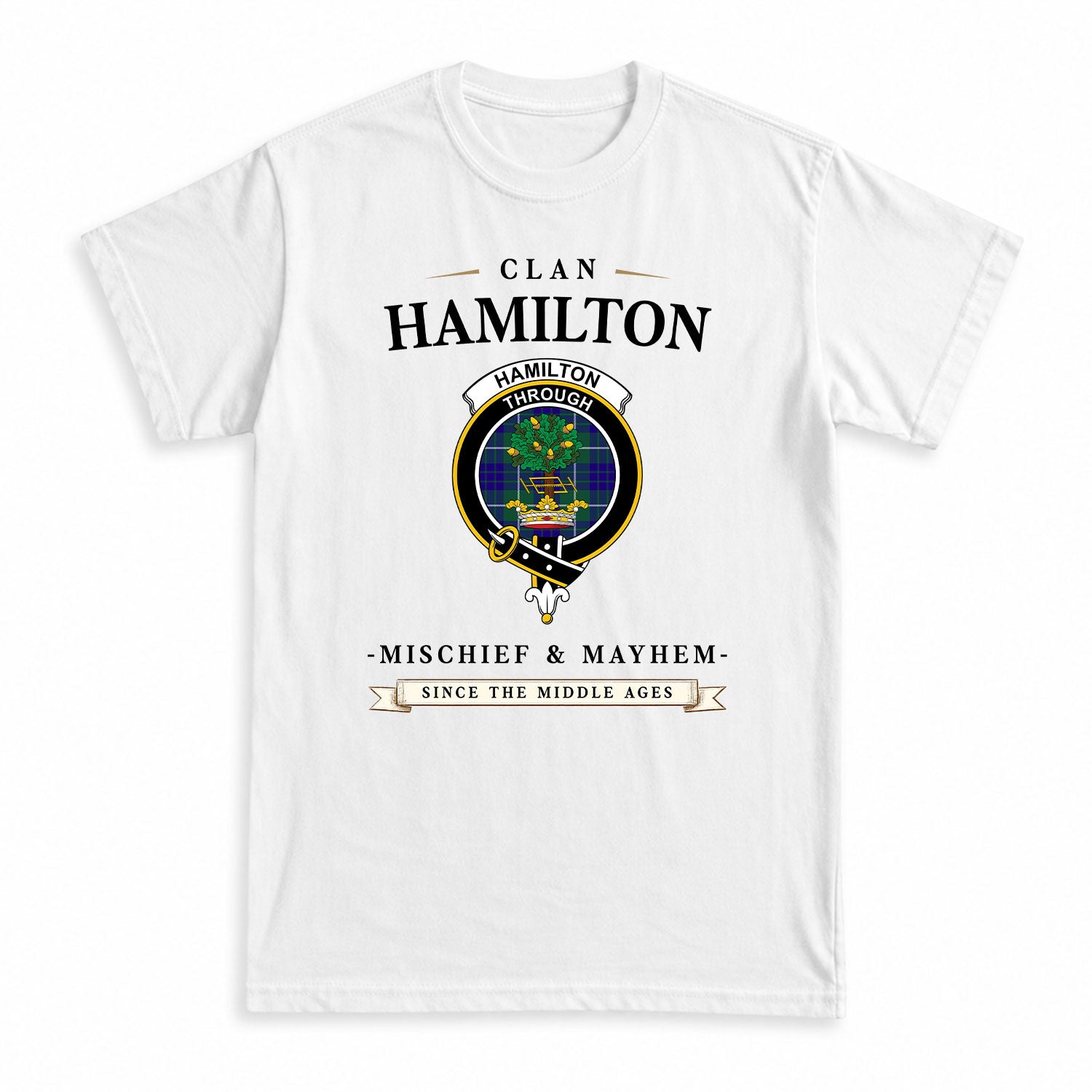 Hamilton Hunting Modern Tartan Crest Mischief and Mayhem T-shirt