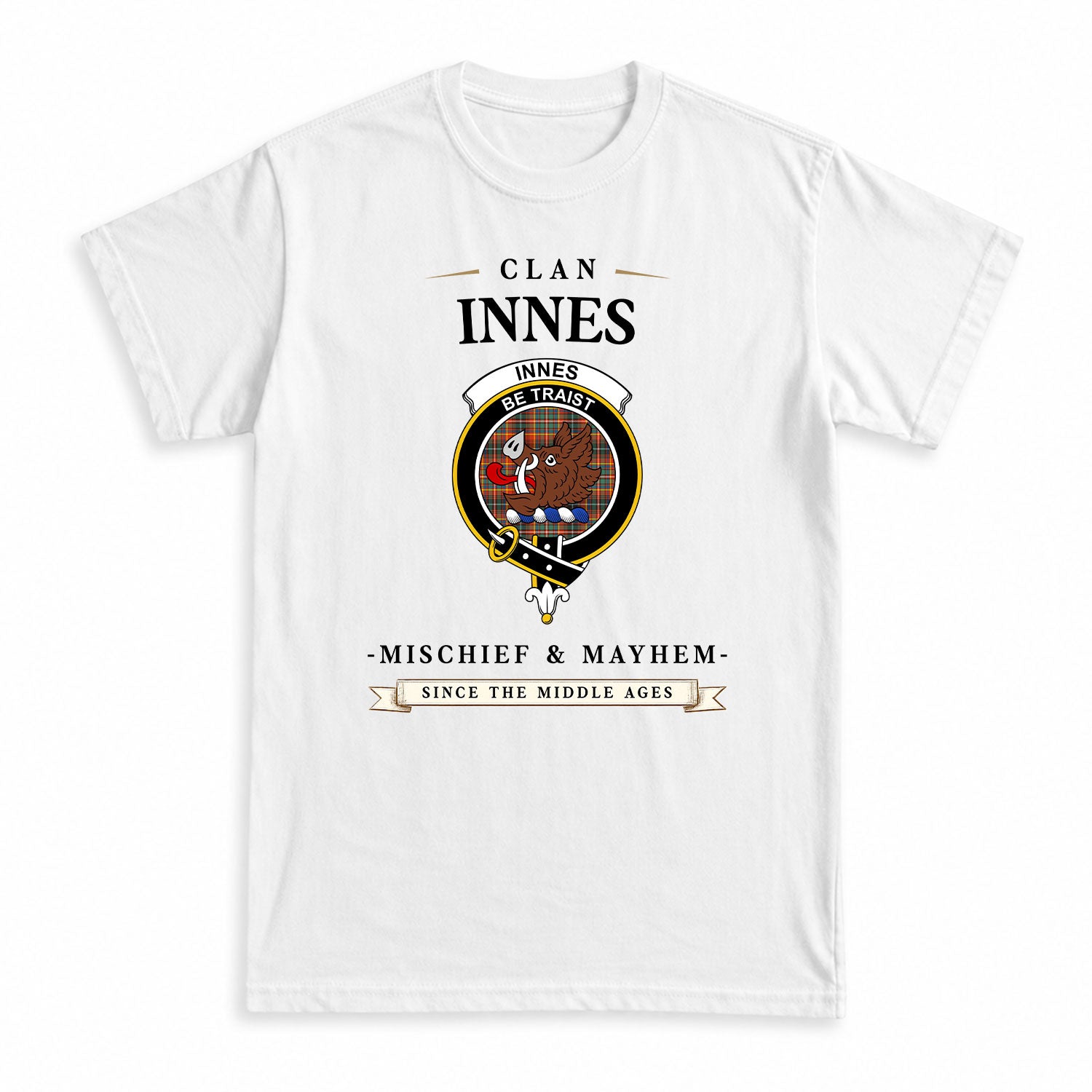 Innes Ancient Tartan Crest Mischief and Mayhem T-shirt