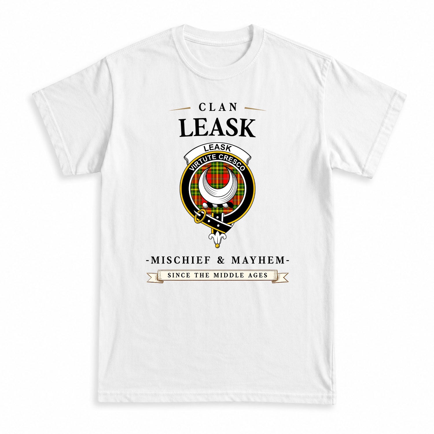 Leask Tartan Crest Mischief and Mayhem T-shirt