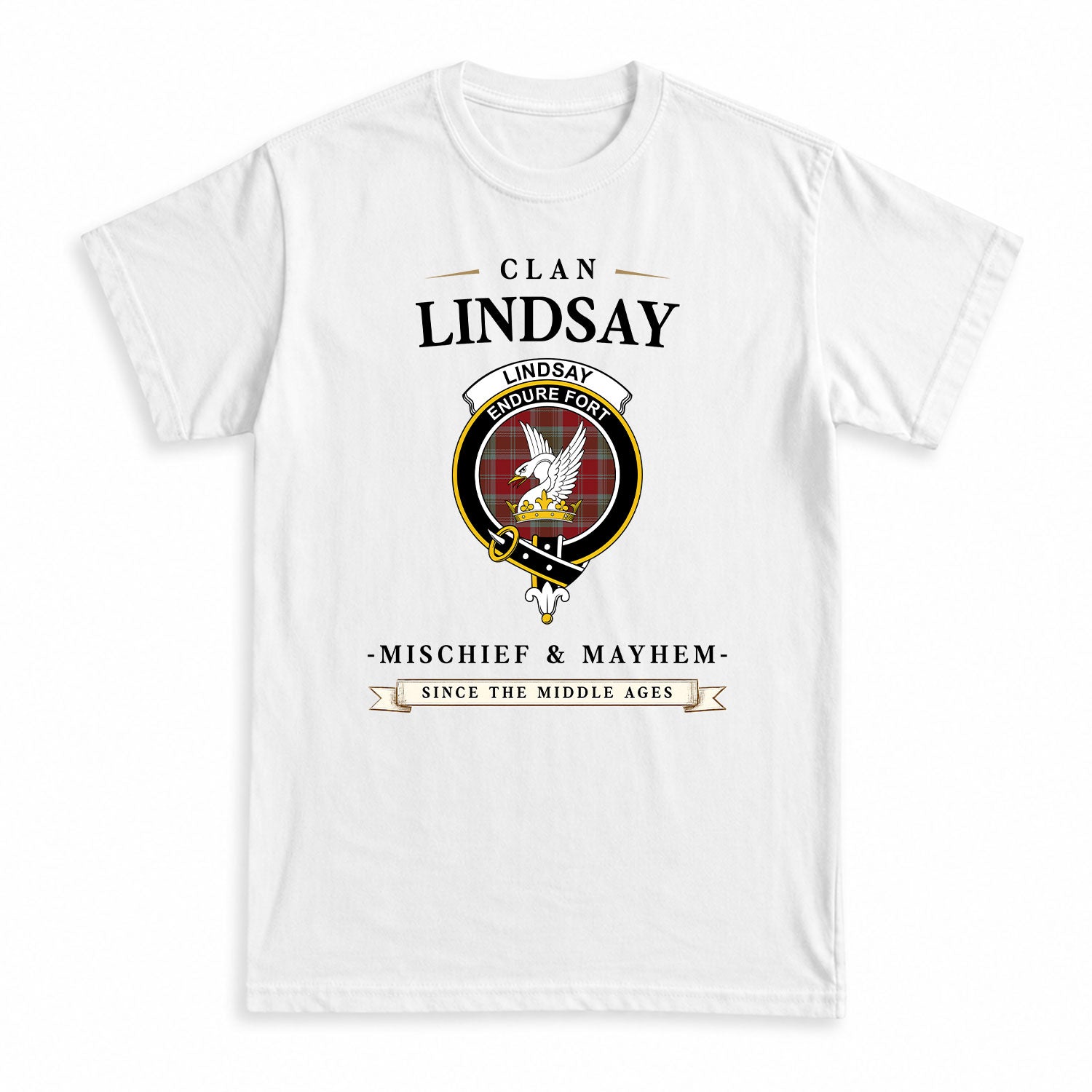 Lindsay Weathered Tartan Crest Mischief and Mayhem T-shirt