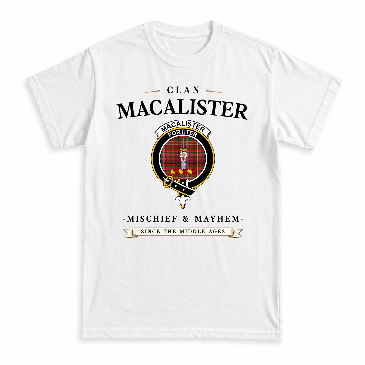 MacAlister Modern Tartan Crest Mischief and Mayhem T-shirt