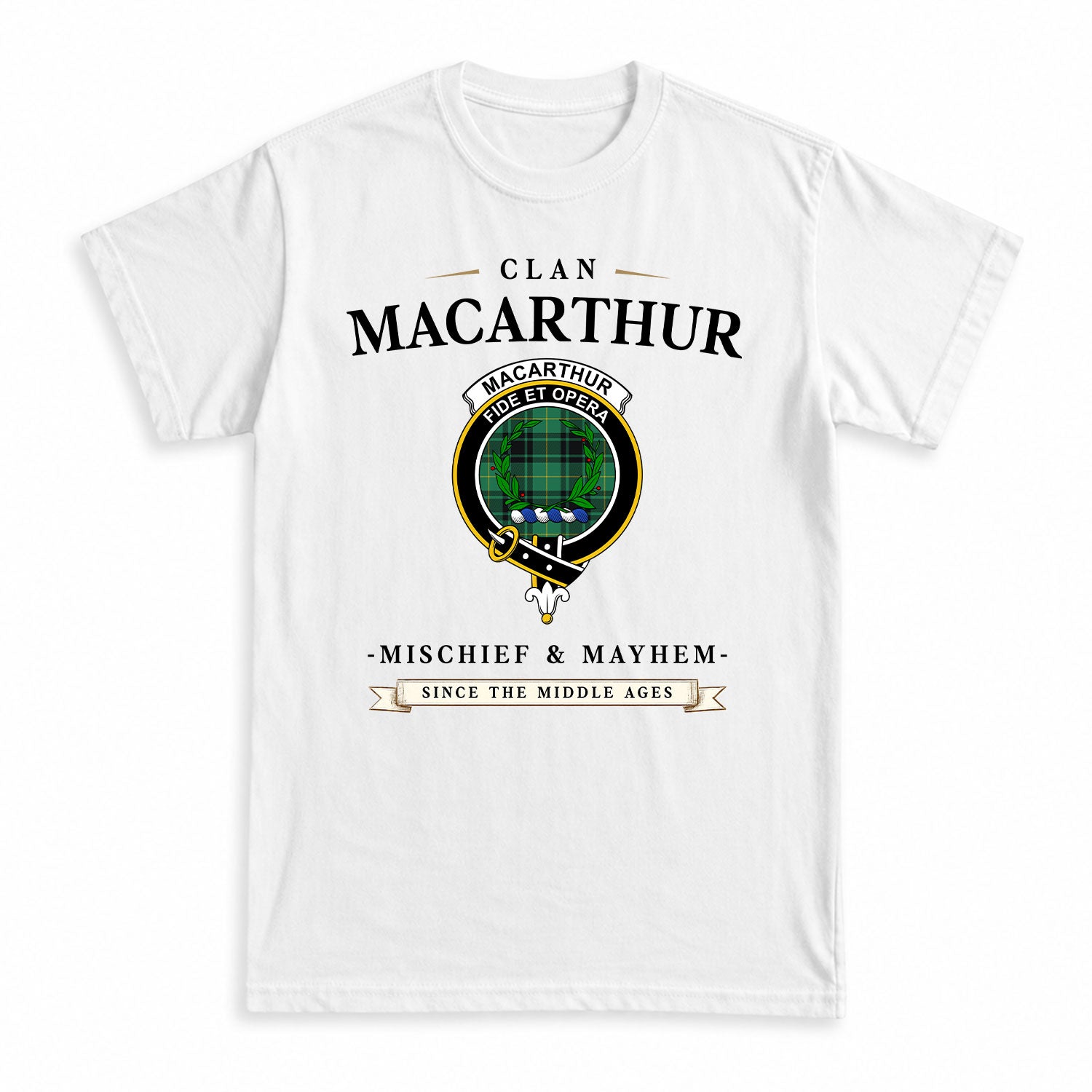 MacArthur Ancient Tartan Crest Mischief and Mayhem T-shirt