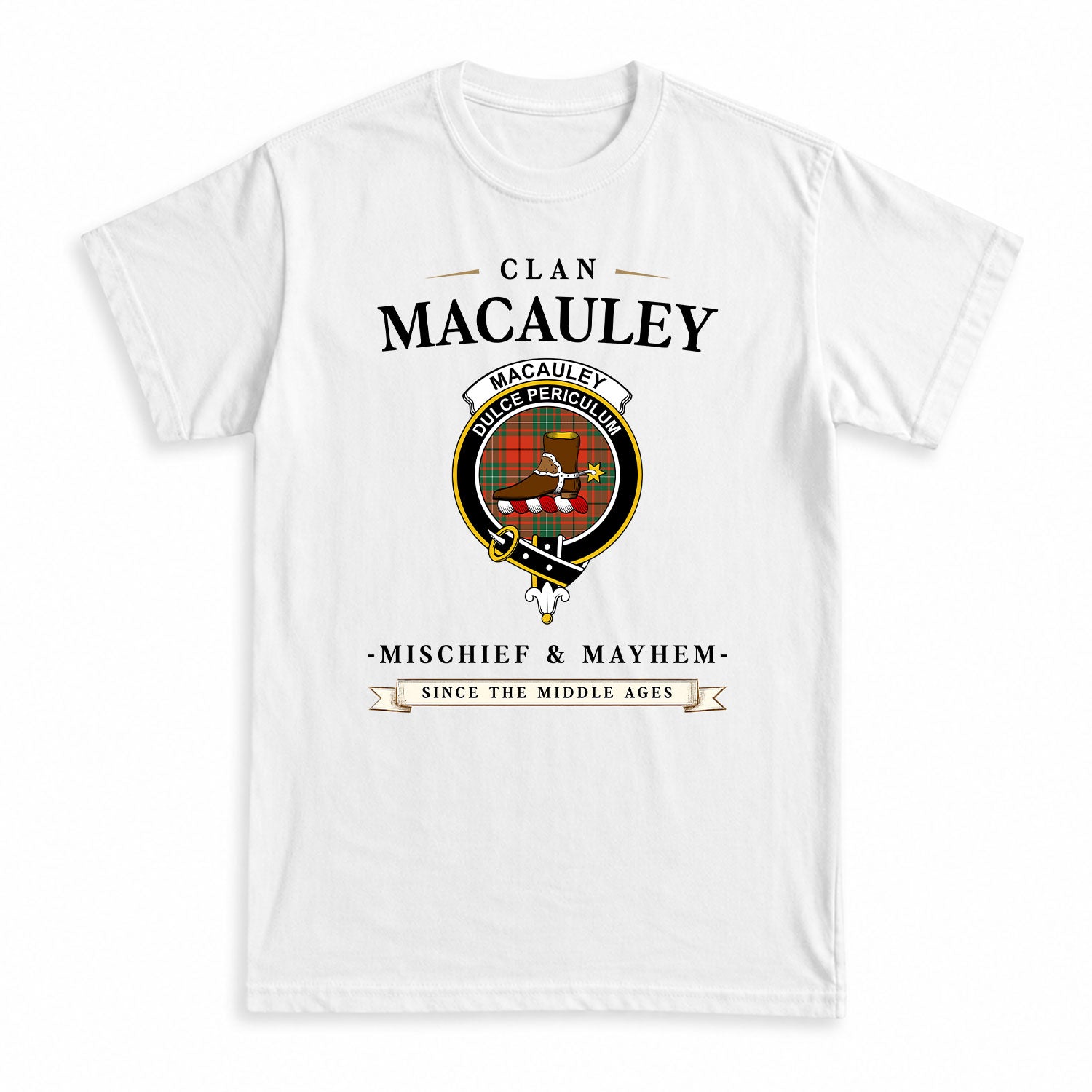 MacAuley Ancient Tartan Crest Mischief and Mayhem T-shirt