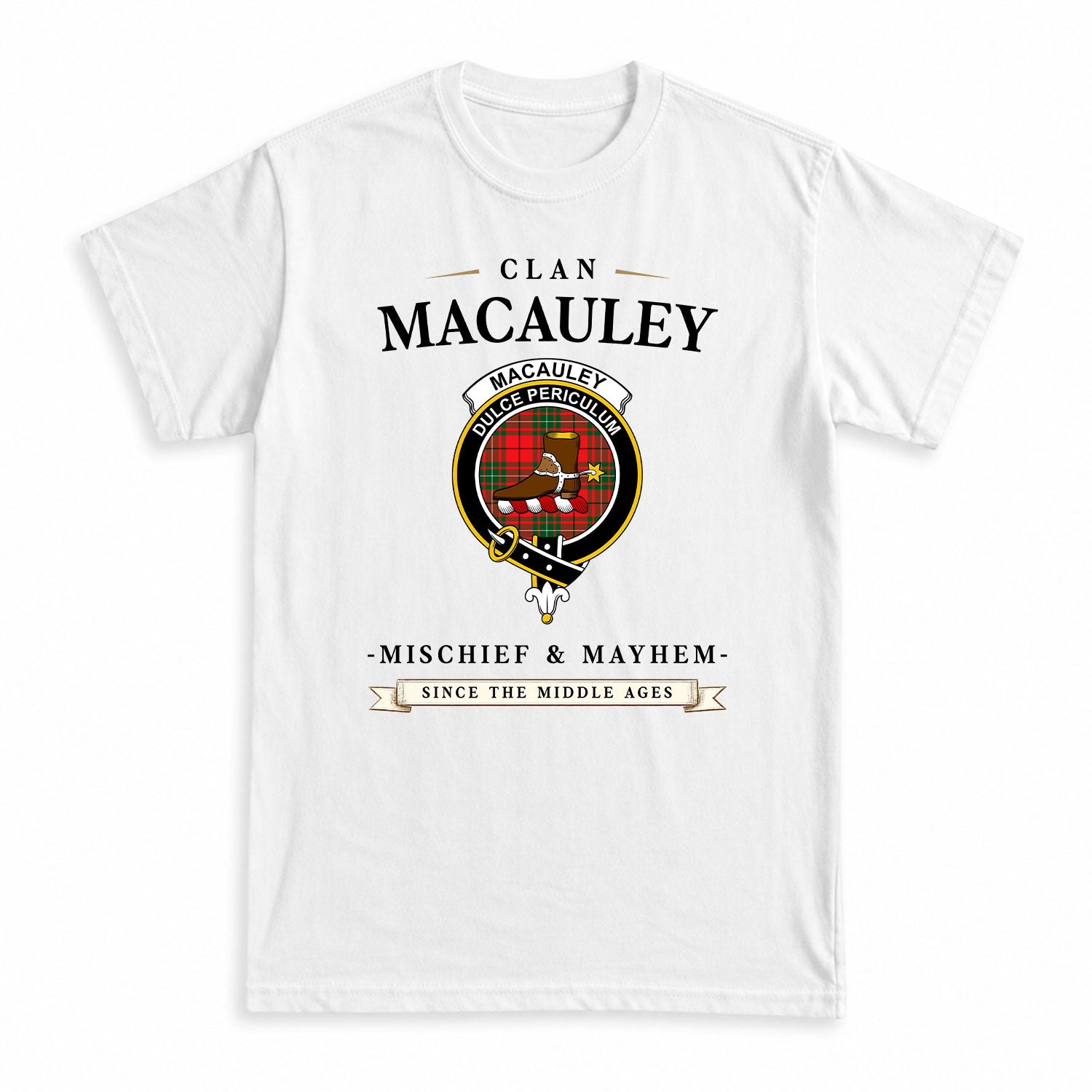 MacAuley Modern Tartan Crest Mischief and Mayhem T-shirt
