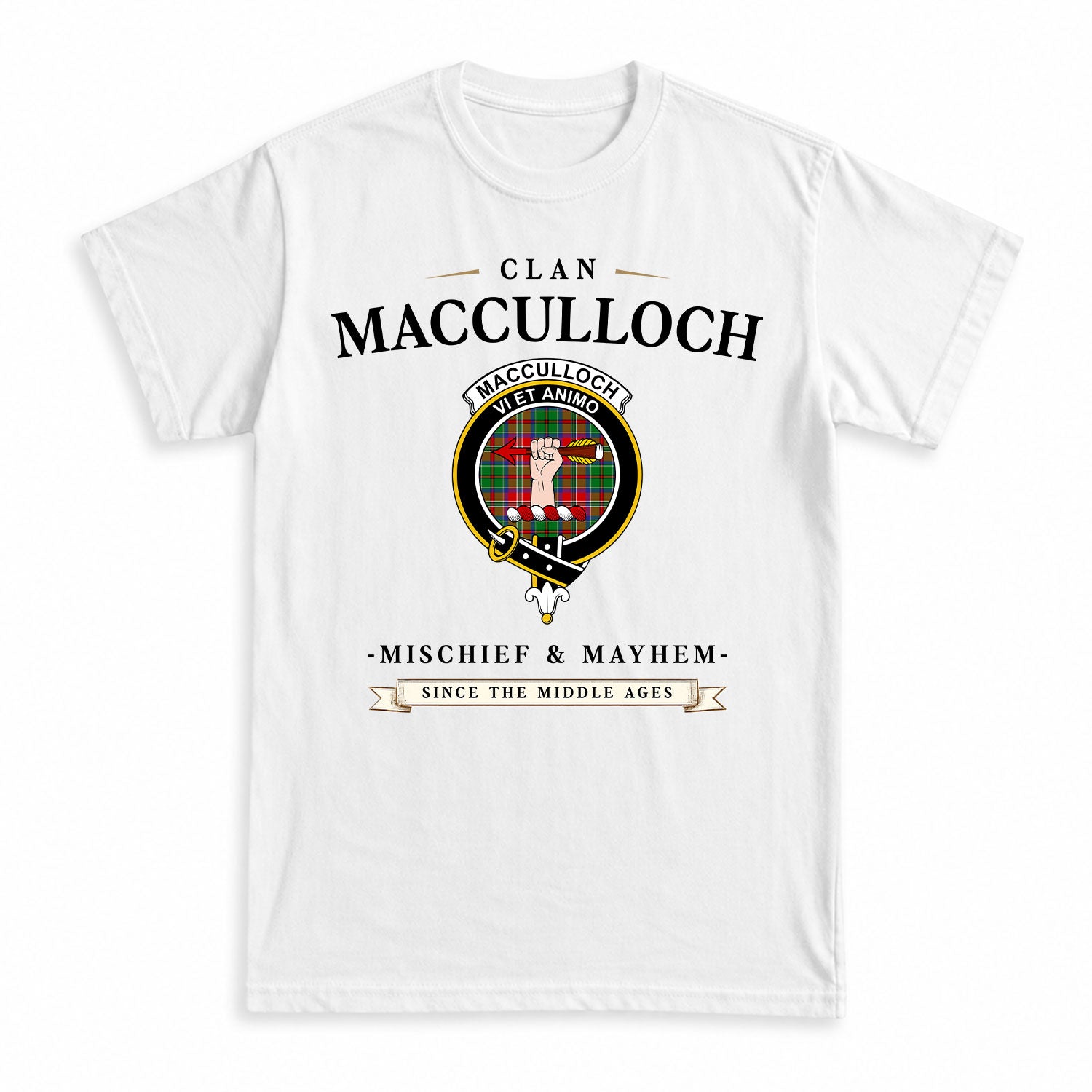MacCulloch (McCulloch) Tartan Crest Mischief and Mayhem T-shirt