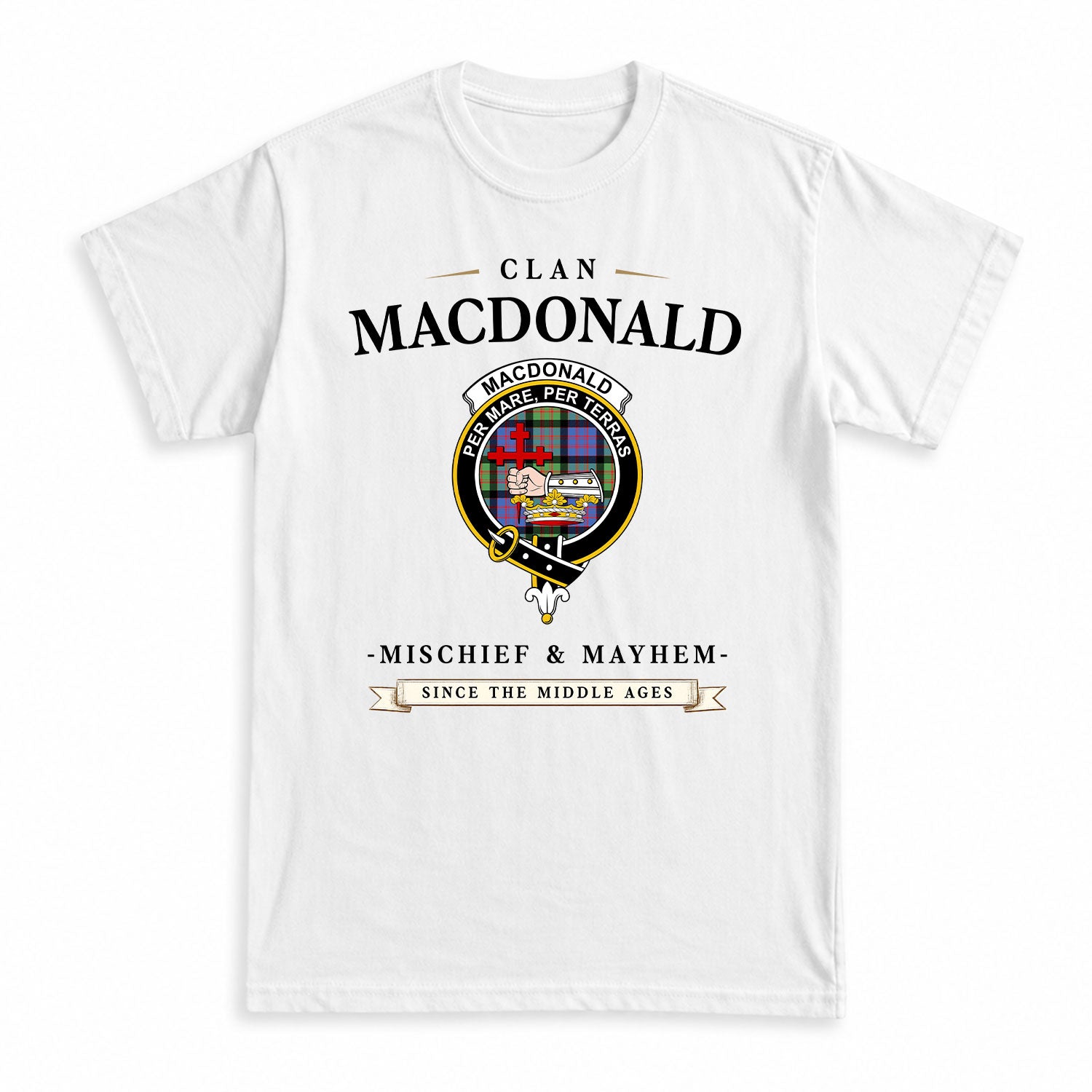 MacDonald Ancient Tartan Crest Mischief and Mayhem T-shirt
